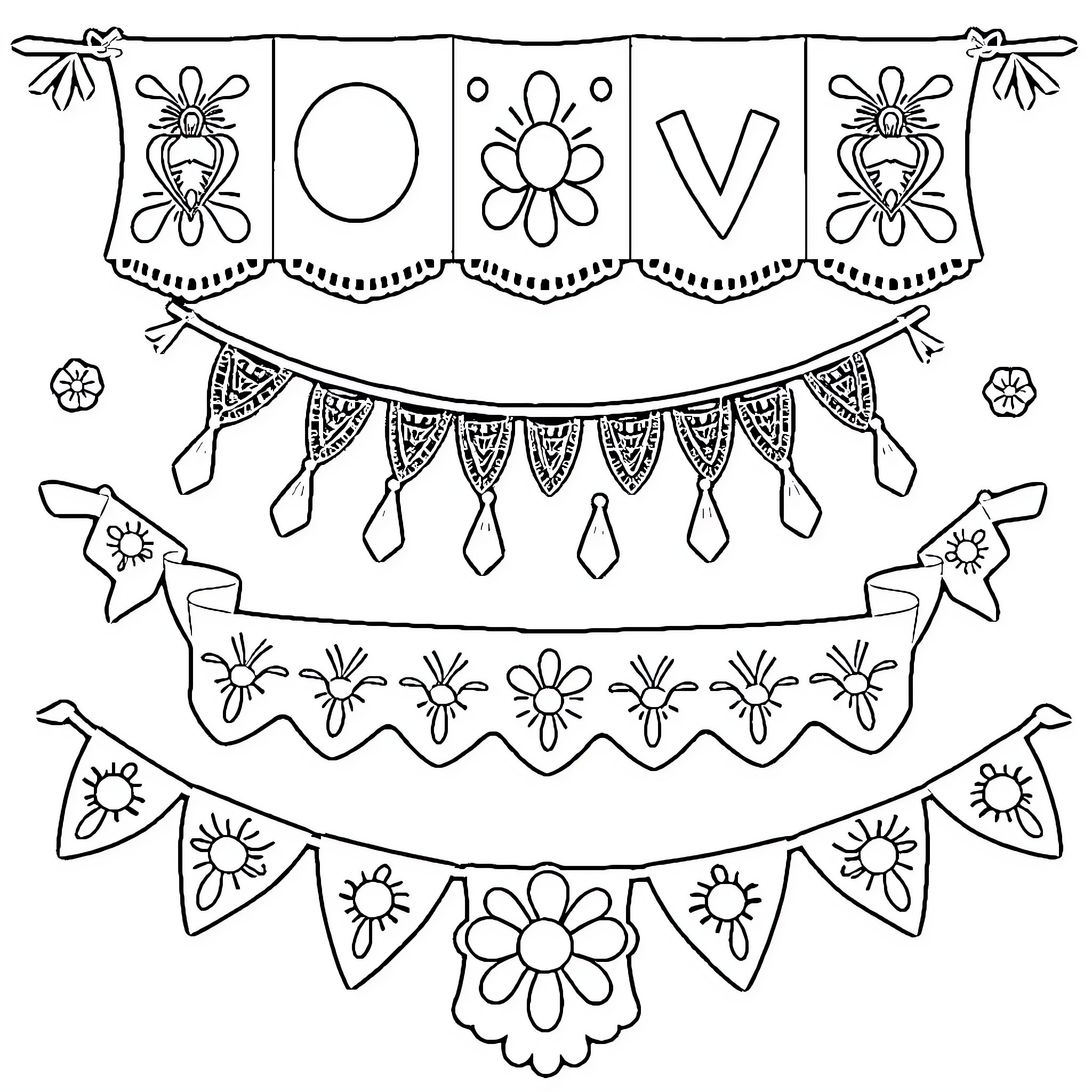 Papel Picado Inspired Decorative Patterns and Banners Coloring Page (free black-and-white line drawing printable PDF for all, from beginners to advanced learners, including children, teens, adults, and seniors)