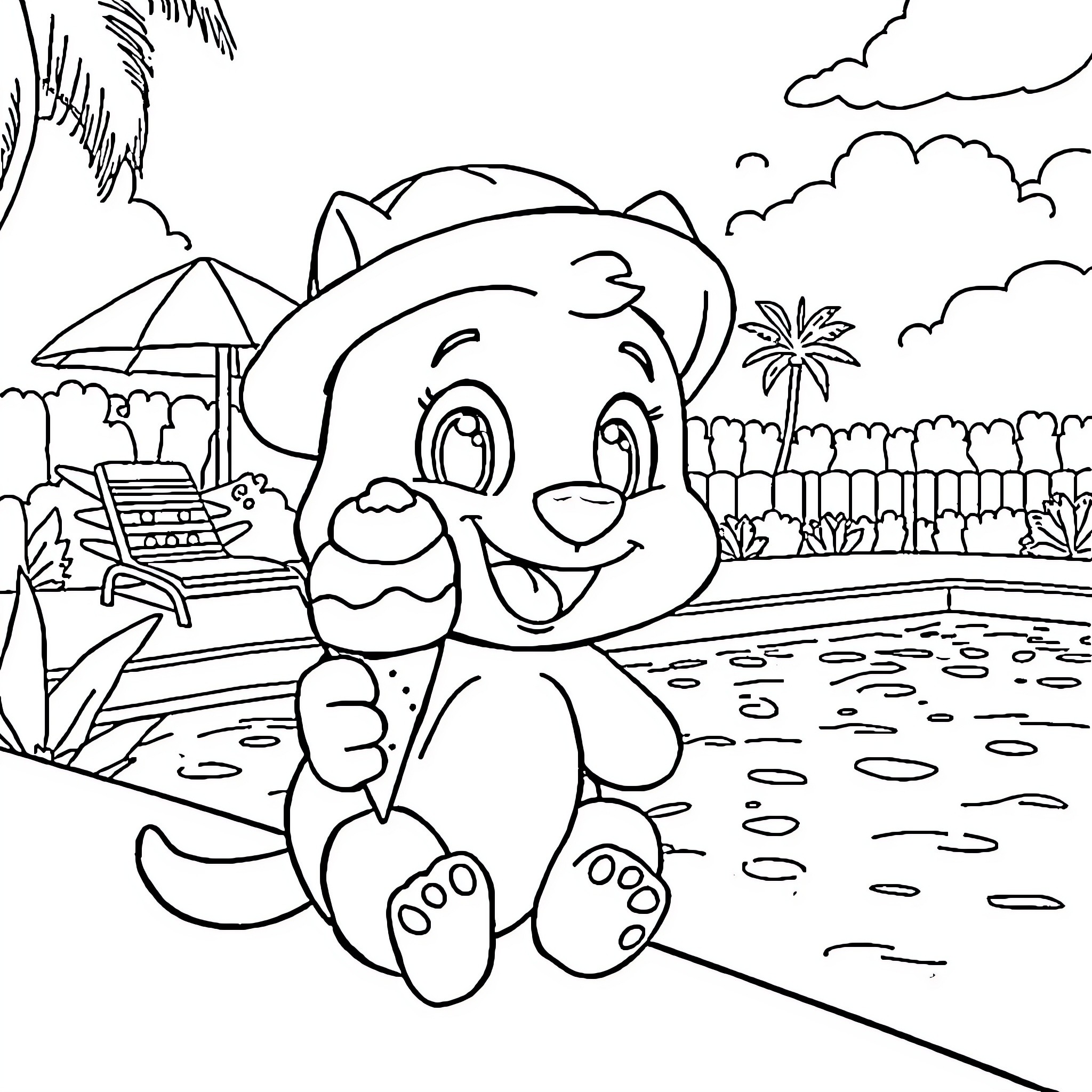 Bluey enjoying a sunny day at the beach Coloring Page (free black-and-white line drawing printable PDF for all, from beginners to advanced learners, including children, teens, adults, and seniors)