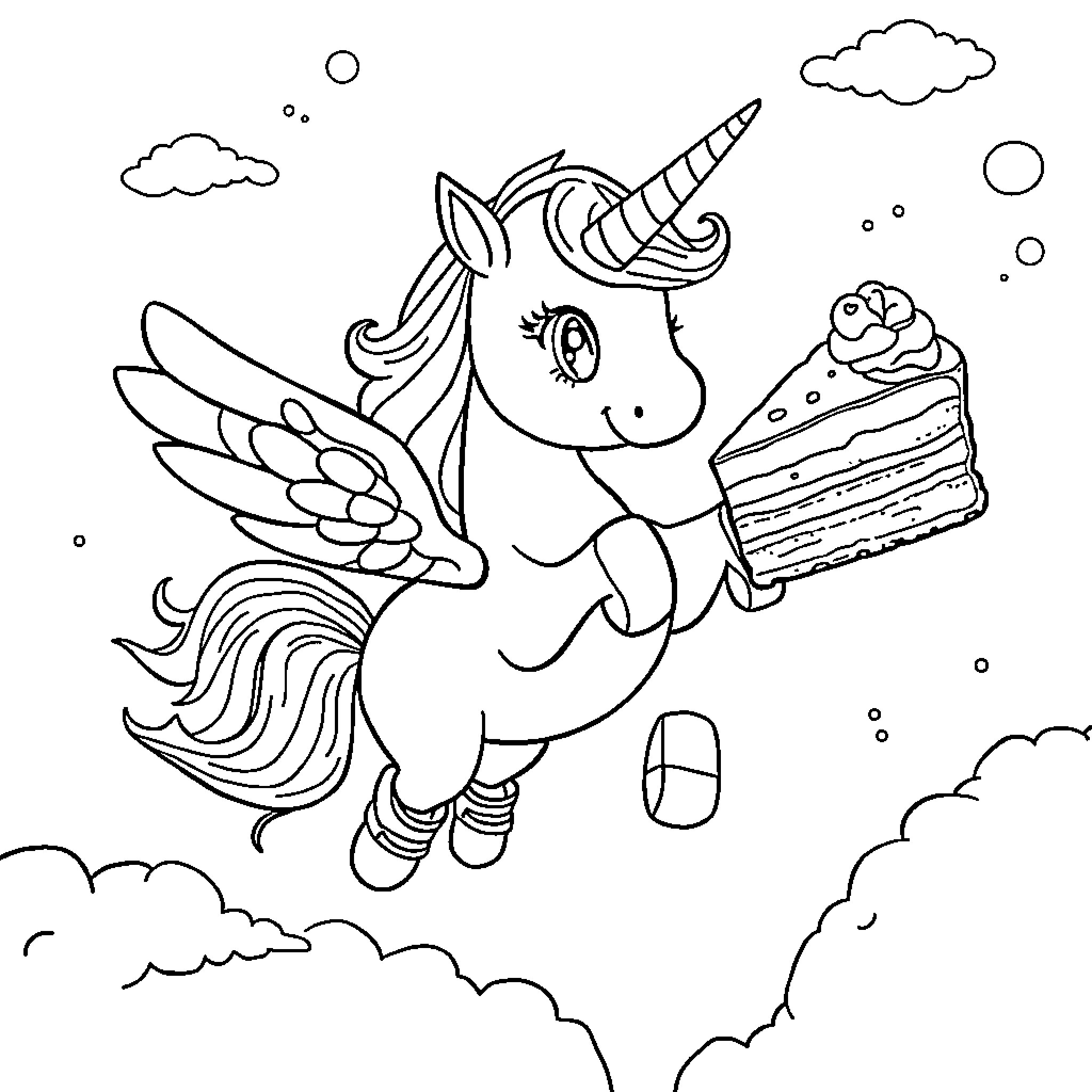 Unicorn enjoying cake in the sky Coloring Page (free black-and-white line drawing printable PDF for all, from beginners to advanced learners, including children, teens, adults, and seniors)