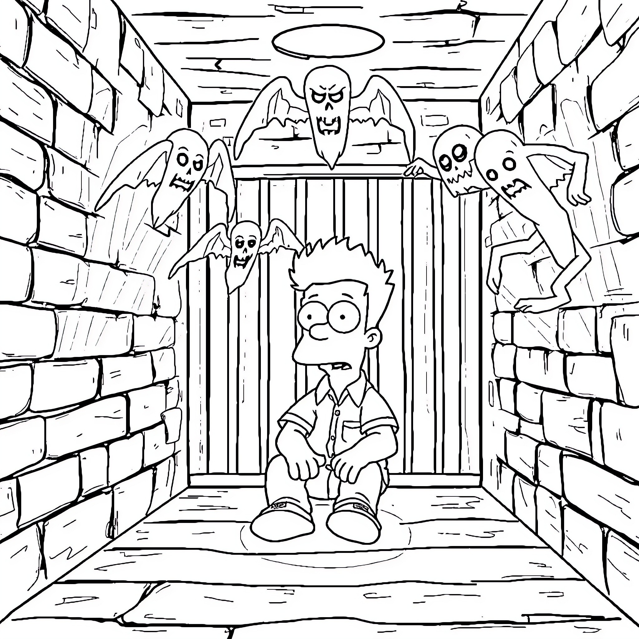 Michael Scott's Eerie Encounter with Ghosts in the Dungeon Coloring Page (free black-and-white line drawing printable PDF for all, from beginners to advanced learners, including children, teens, adults, and seniors)