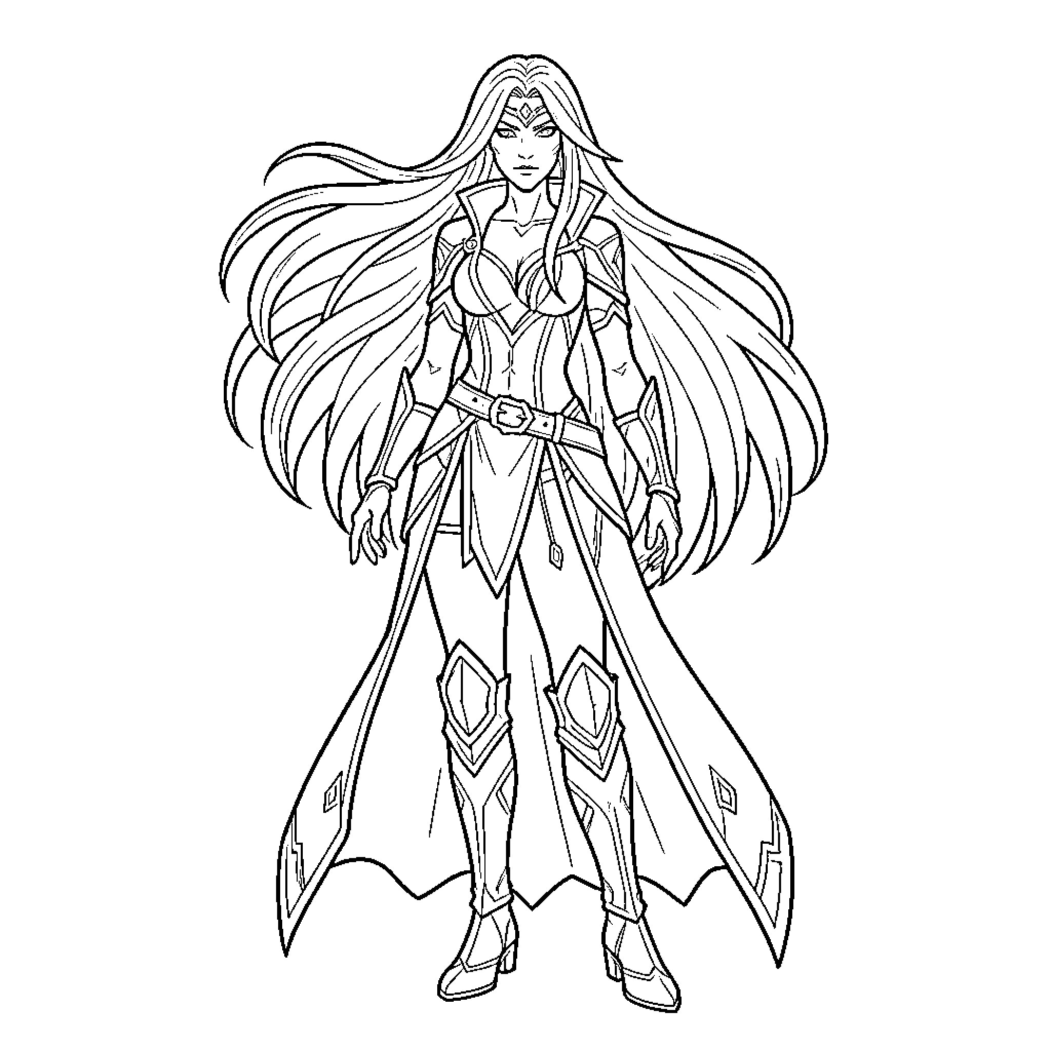 Sylvanas Windrunner in heroic battle pose Coloring Page (free black-and-white line drawing printable PDF for all, from beginners to advanced learners, including children, teens, adults, and seniors)