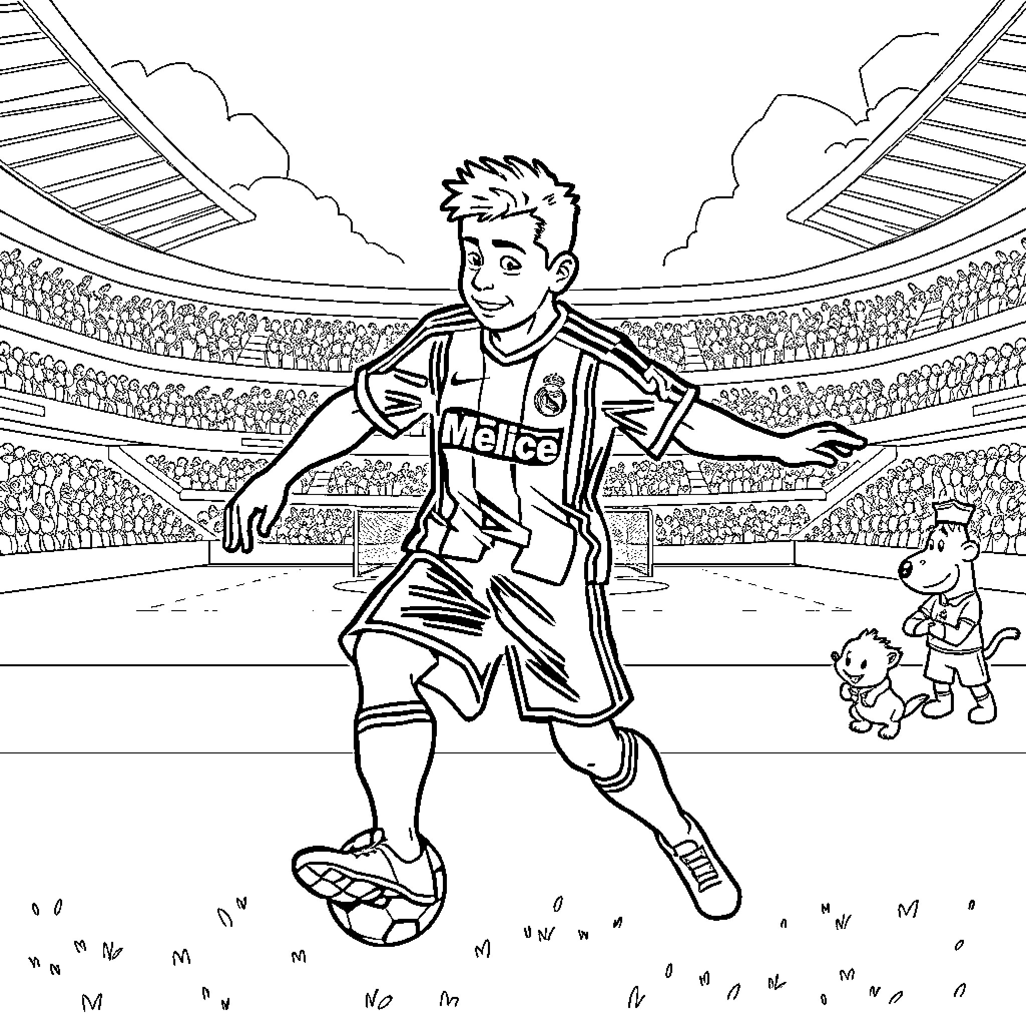 Ander plays football joyfully in the stadium Coloring Page (free black-and-white line drawing printable PDF for all, from beginners to advanced learners, including children, teens, adults, and seniors)