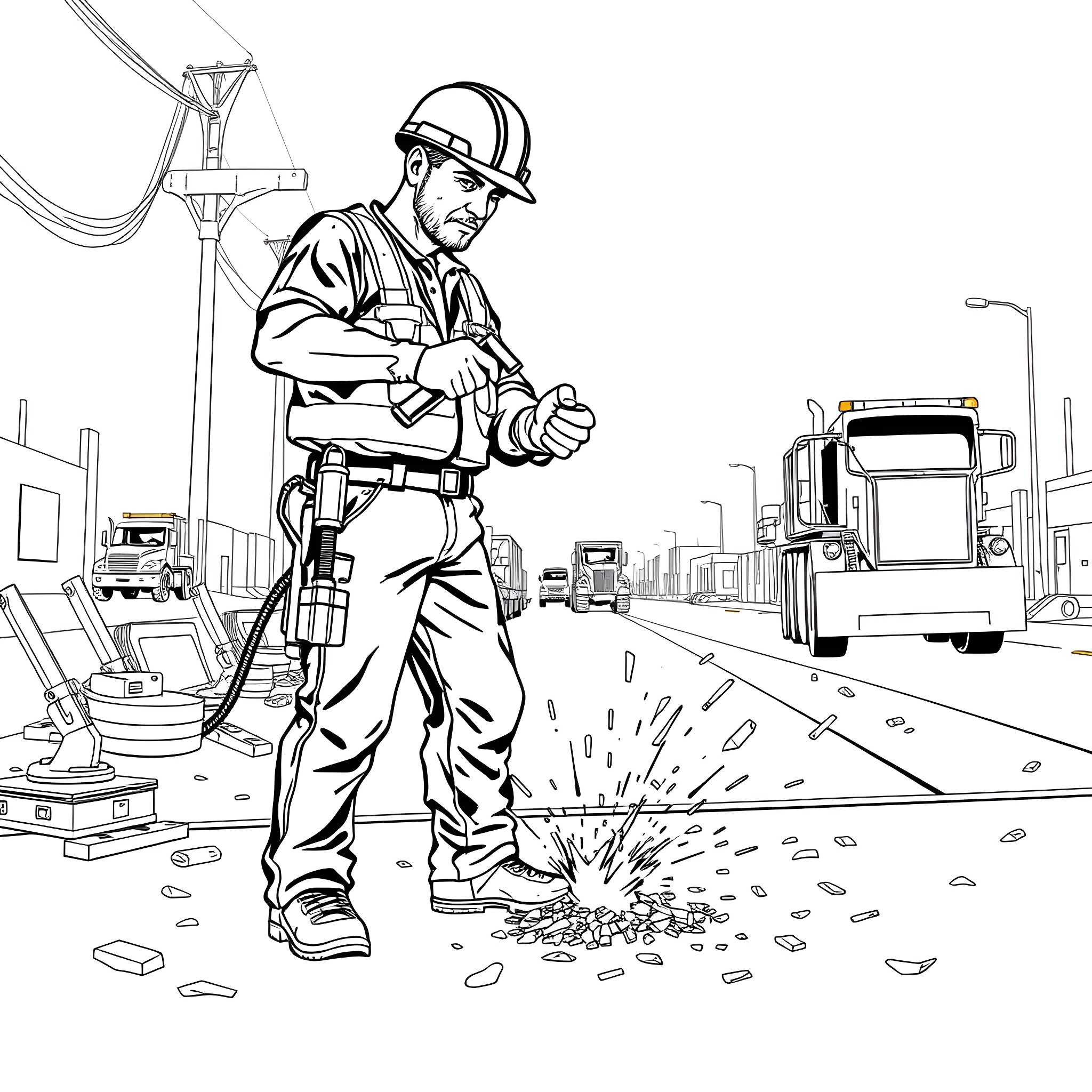 Worker Performing Construction Tasks on Site Coloring Page (free black-and-white line drawing printable PDF for all, from beginners to advanced learners, including children, teens, adults, and seniors)