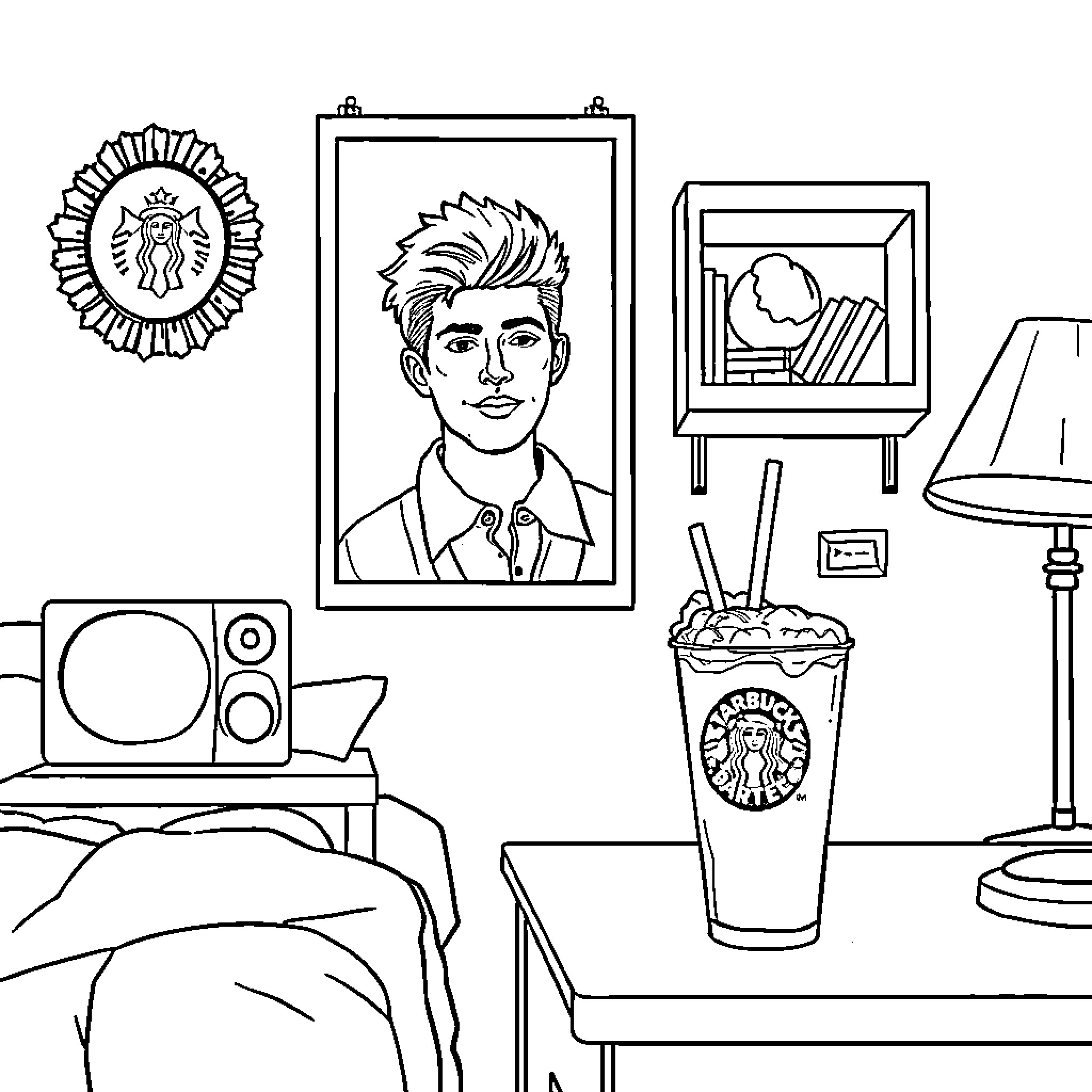 Malachi Barton's Cozy Bedroom Decor Coloring Page (free black-and-white line drawing printable PDF for all, from beginners to advanced learners, including children, teens, adults, and seniors)