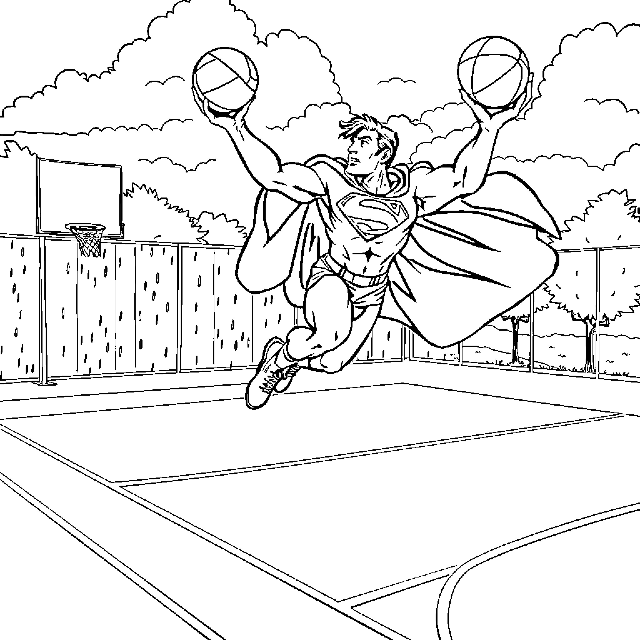 Superman playing basketball in the clouds Coloring Page (free black-and-white line drawing printable PDF for all, from beginners to advanced learners, including children, teens, adults, and seniors)