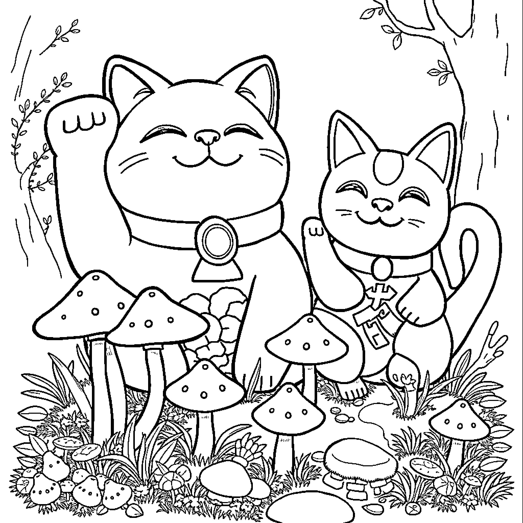 Mushroom Cats Enjoying Nature Coloring Page (free black-and-white line drawing printable PDF for all, from beginners to advanced learners, including children, teens, adults, and seniors)