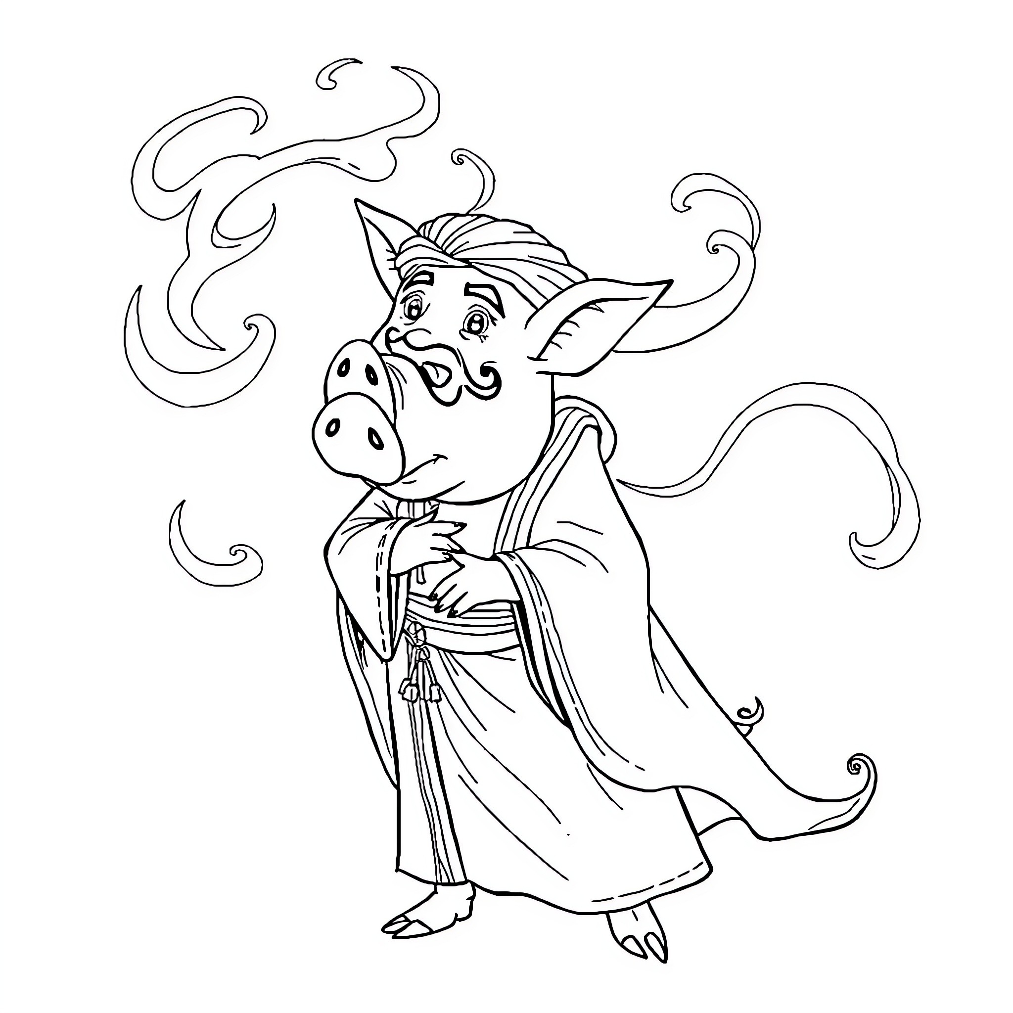Prince Pig Dressed in Elegant Kimono Coloring Page (free black-and-white line drawing printable PDF for all, from beginners to advanced learners, including children, teens, adults, and seniors)