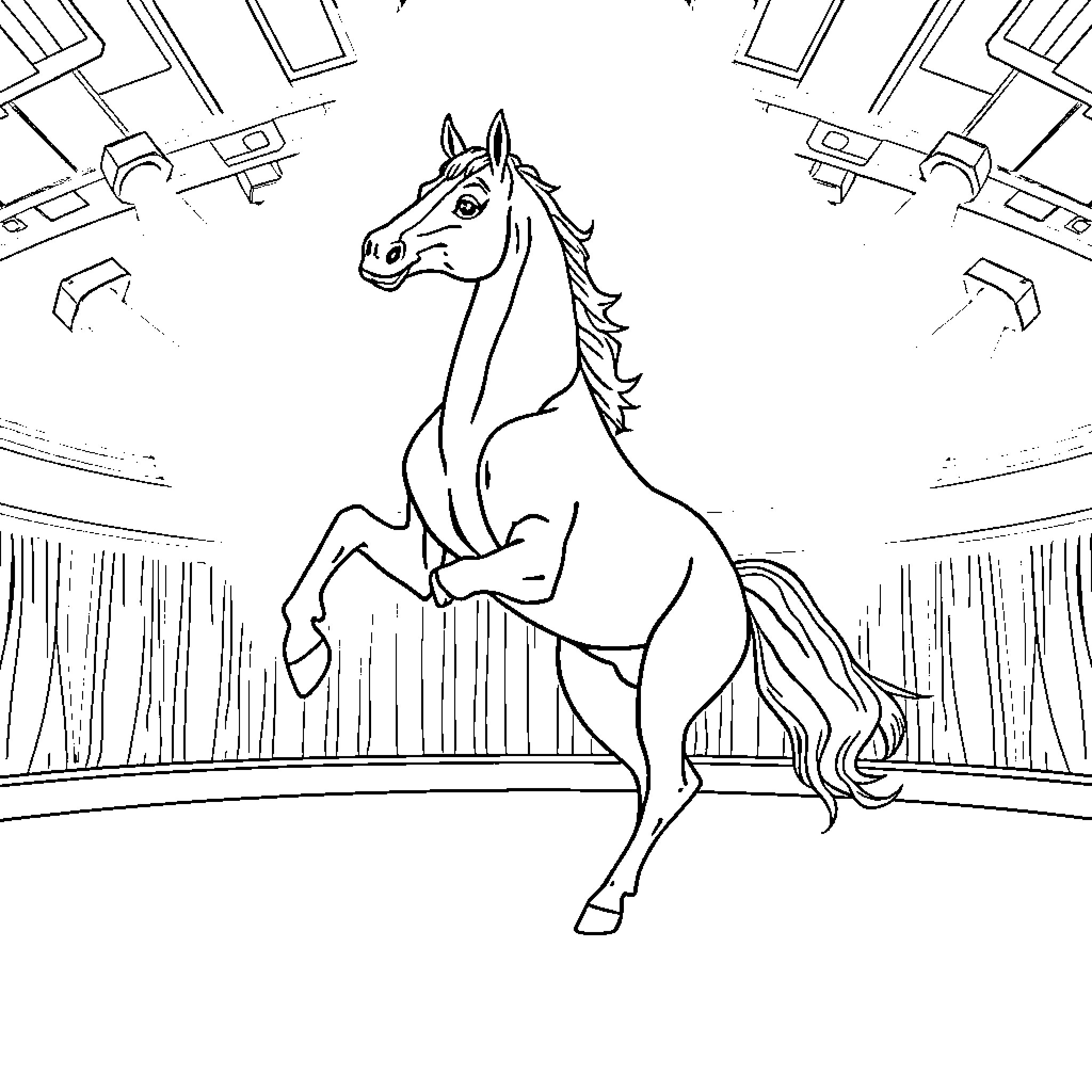 Horse performing in an indoor arena Coloring Page (free black-and-white line drawing printable PDF for all, from beginners to advanced learners, including children, teens, adults, and seniors)