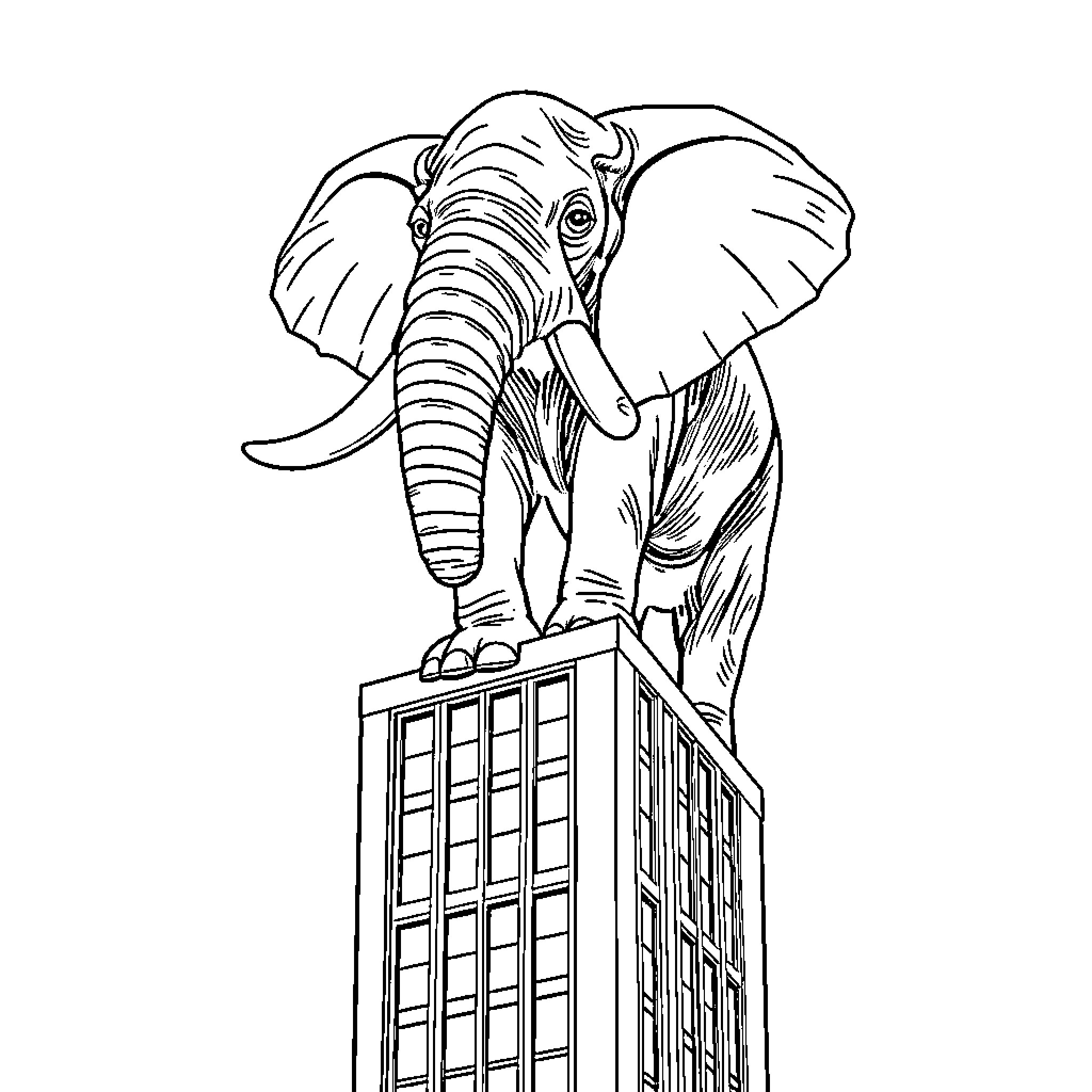 Elephant atop a skyscraper Coloring Page (free black-and-white line drawing printable PDF for all, from beginners to advanced learners, including children, teens, adults, and seniors)