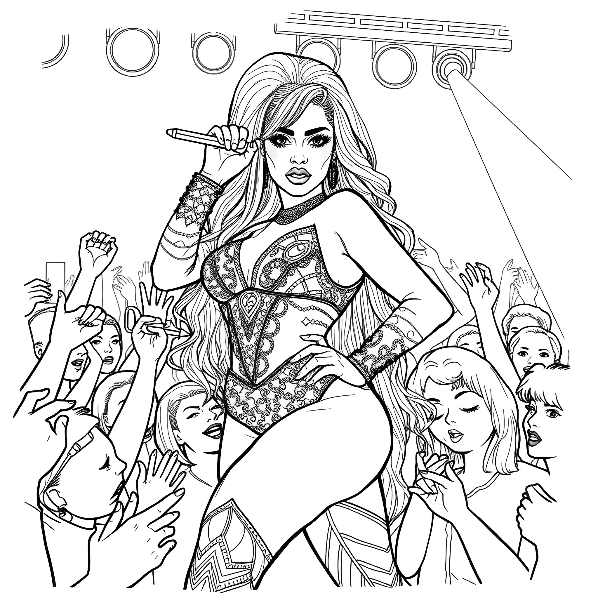 Nicki Minaj Performing Energetically on Stage Coloring Page (free black-and-white line drawing printable PDF for all, from beginners to advanced learners, including children, teens, adults, and seniors)