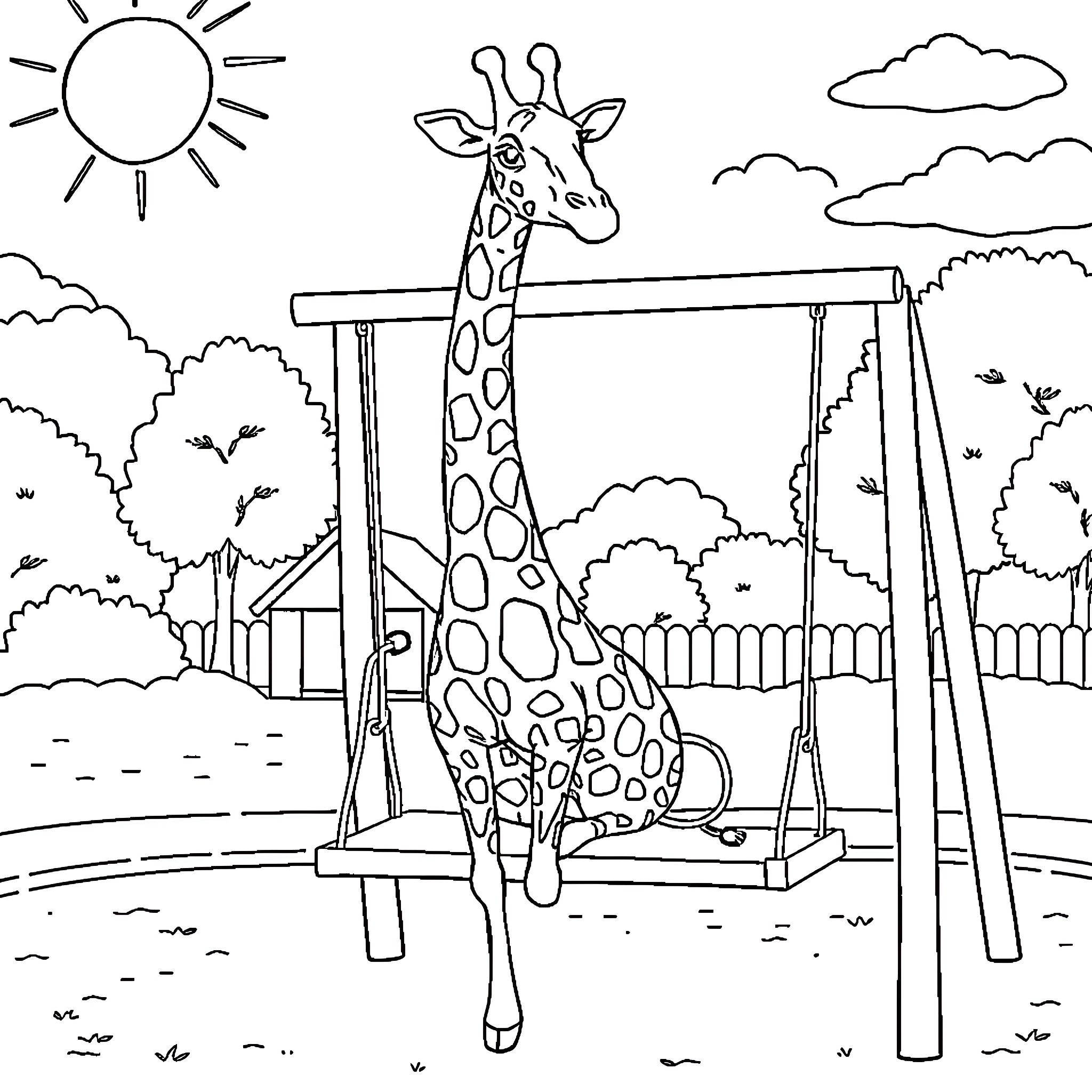 Giraffe playing on swing in peaceful park Coloring Page (free black-and-white line drawing printable PDF for all, from beginners to advanced learners, including children, teens, adults, and seniors)