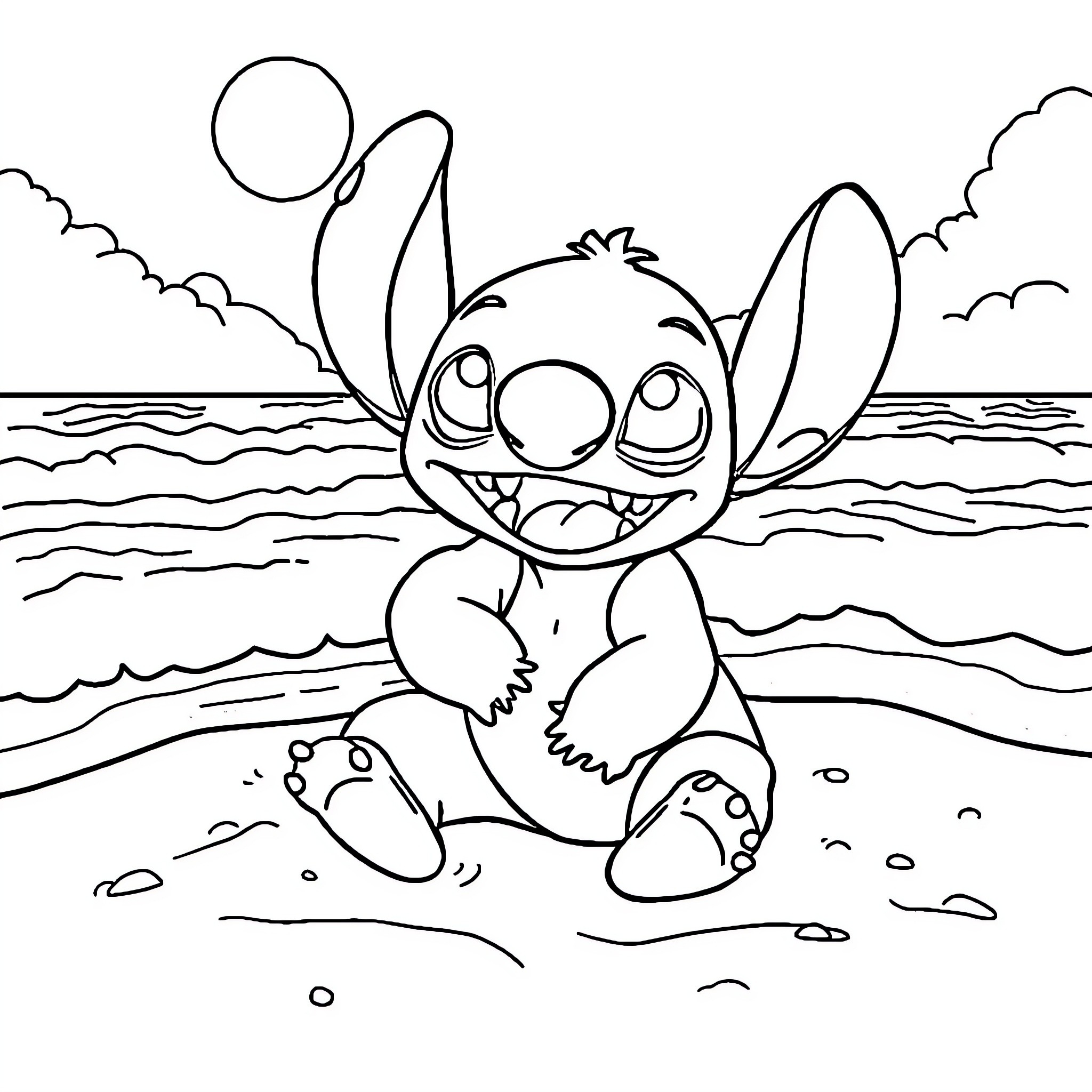 Stitch playing happily on the beach Coloring Page (free black-and-white line drawing printable PDF for all, from beginners to advanced learners, including children, teens, adults, and seniors)