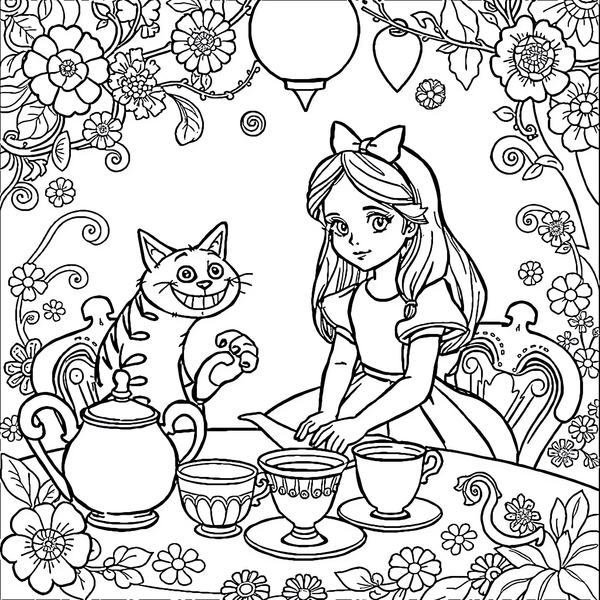 Alice's Whimsical Tea Party with Cheshire Cat Coloring Page (free black-and-white line drawing printable PDF for all, from beginners to advanced learners, including children, teens, adults, and seniors)
