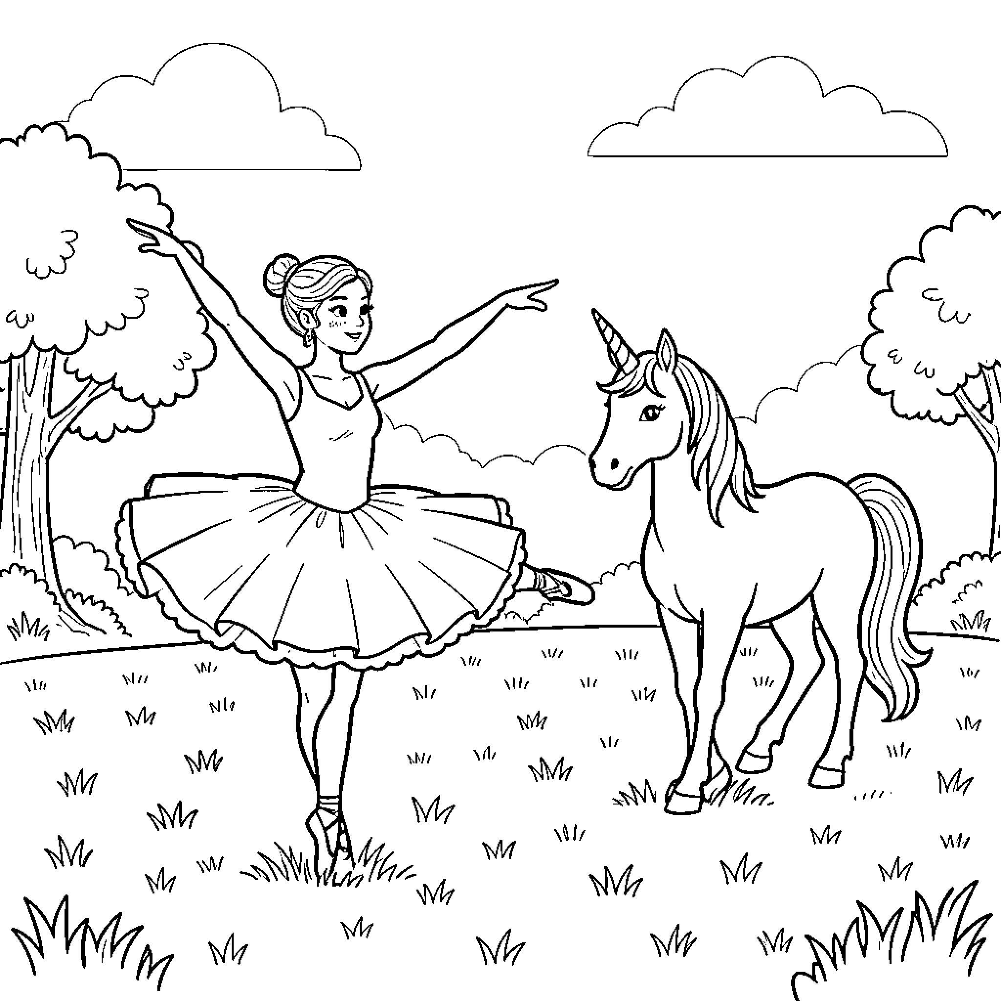 Ballerina dancing gracefully next to a unicorn Coloring Page (free black-and-white line drawing printable PDF for all, from beginners to advanced learners, including children, teens, adults, and seniors)