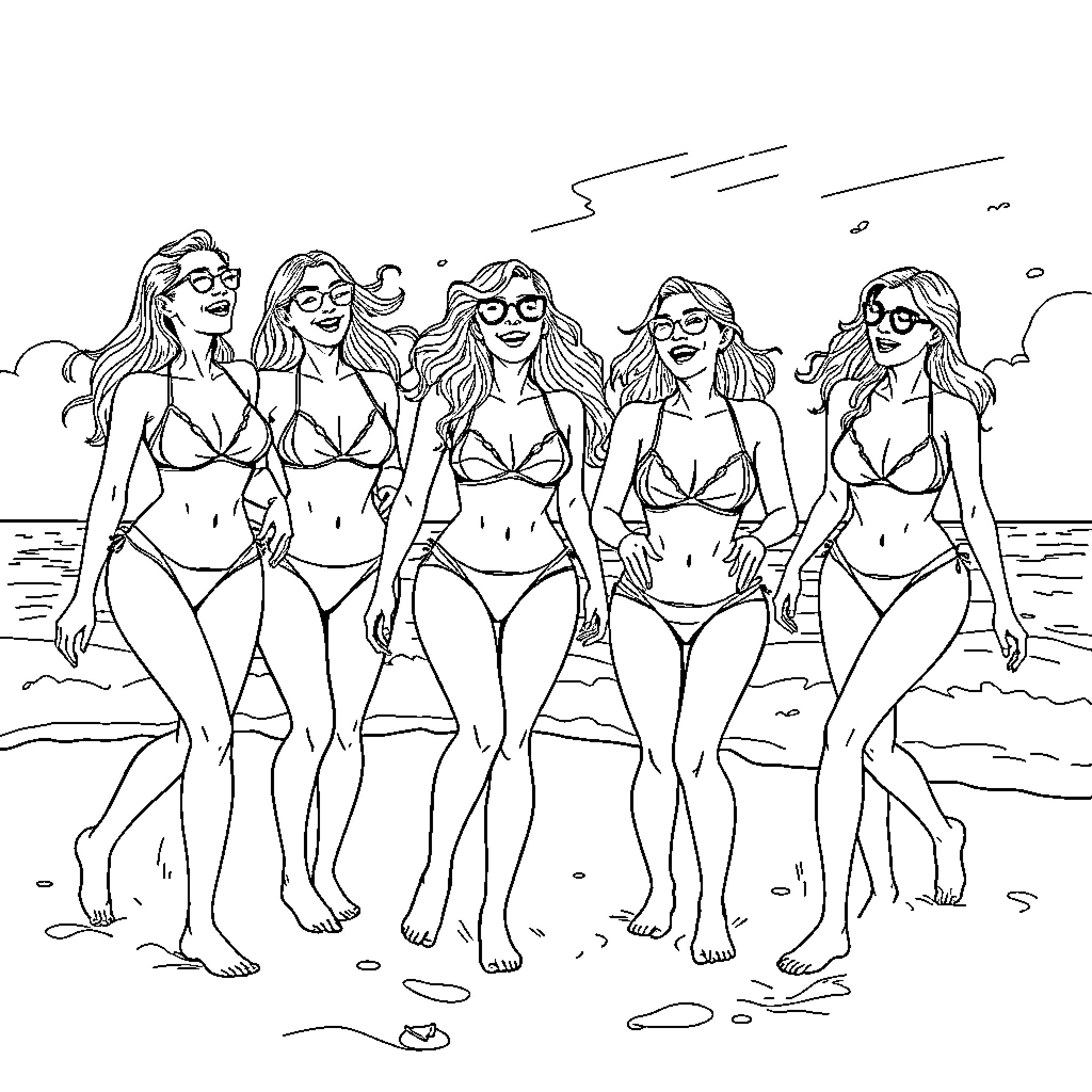 Girls enjoying a beach day in their swimsuits Coloring Page (free black-and-white line drawing printable PDF for all, from beginners to advanced learners, including children, teens, adults, and seniors)