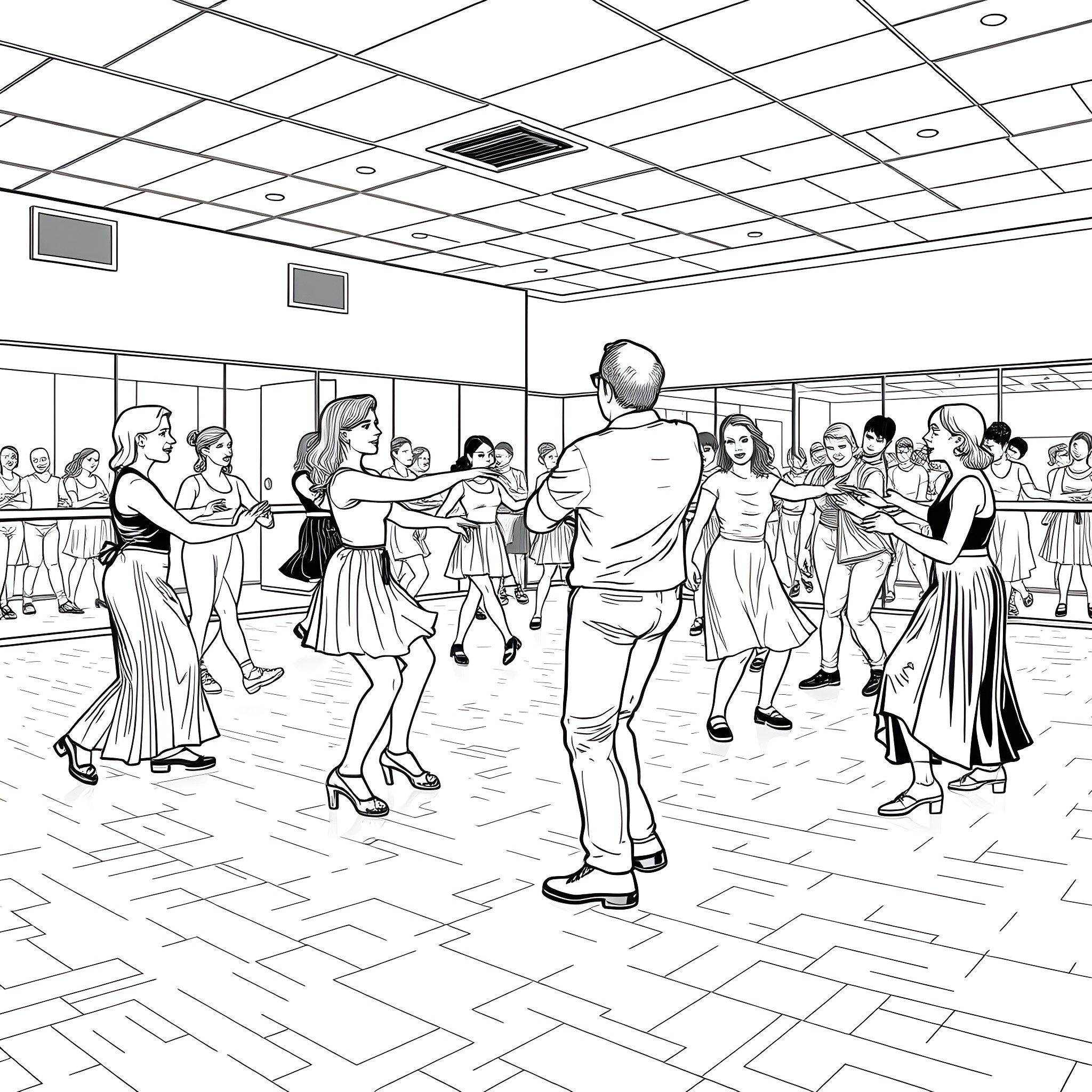 Tap Dance Performance in a Crowded Ballroom Coloring Page (free black-and-white line drawing printable PDF for all, from beginners to advanced learners, including children, teens, adults, and seniors)