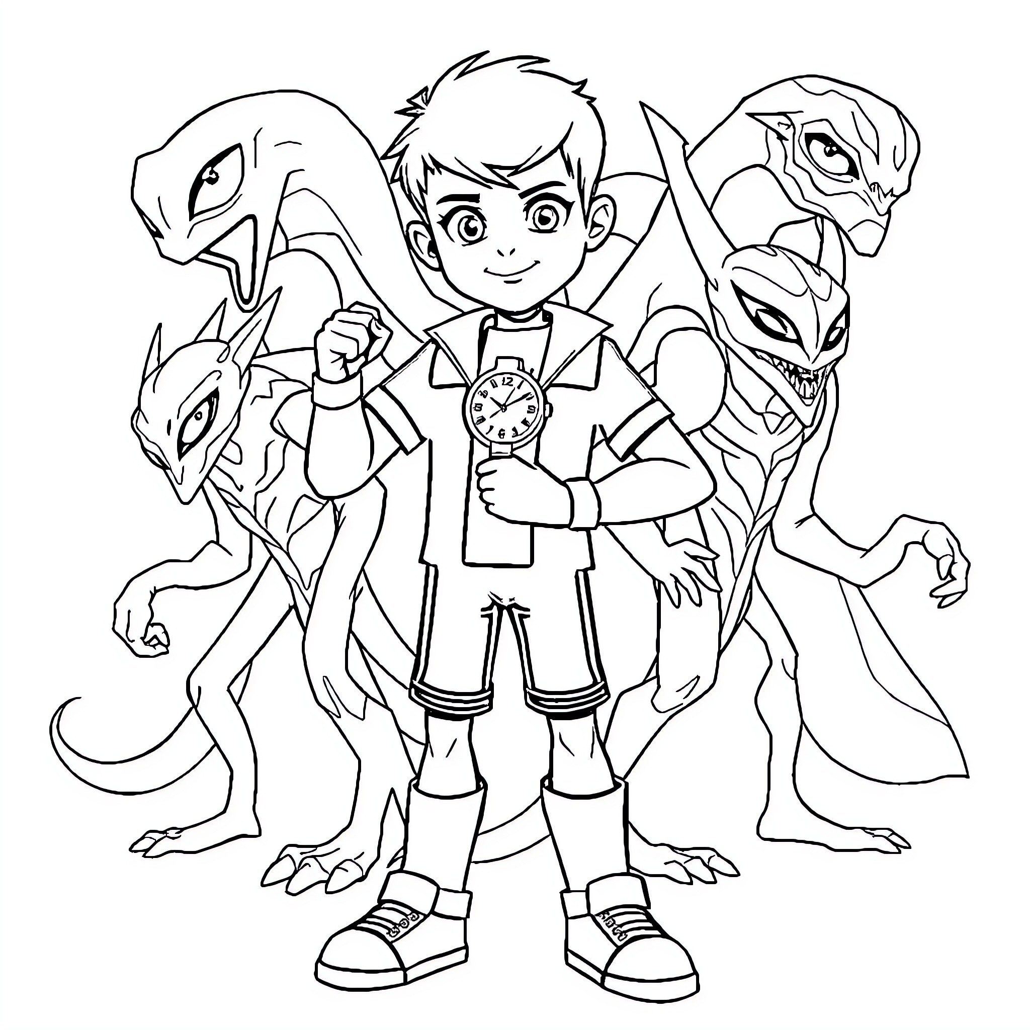 Ben 10 and his alien transformation creatures Coloring Page (free black-and-white line drawing printable PDF for all, from beginners to advanced learners, including children, teens, adults, and seniors)