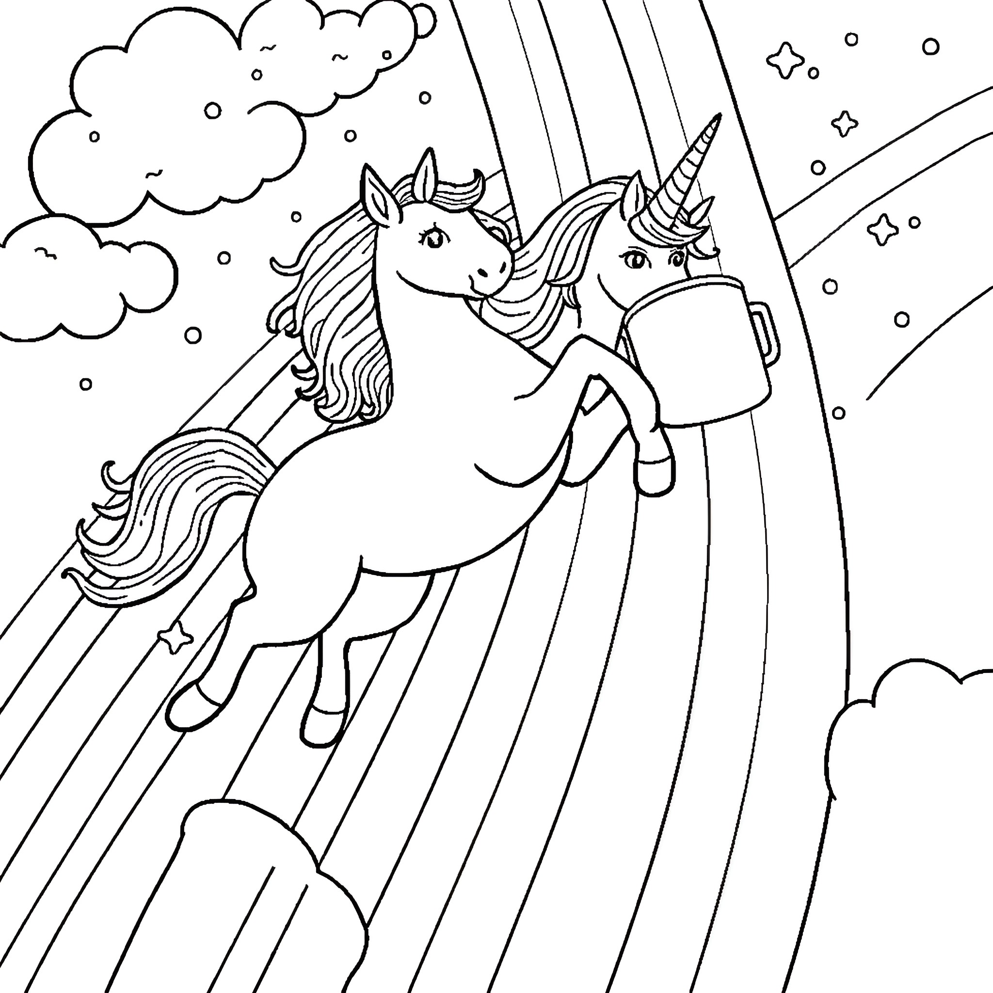 Unicorn riding across a magical rainbow Coloring Page (free black-and-white line drawing printable PDF for all, from beginners to advanced learners, including children, teens, adults, and seniors)