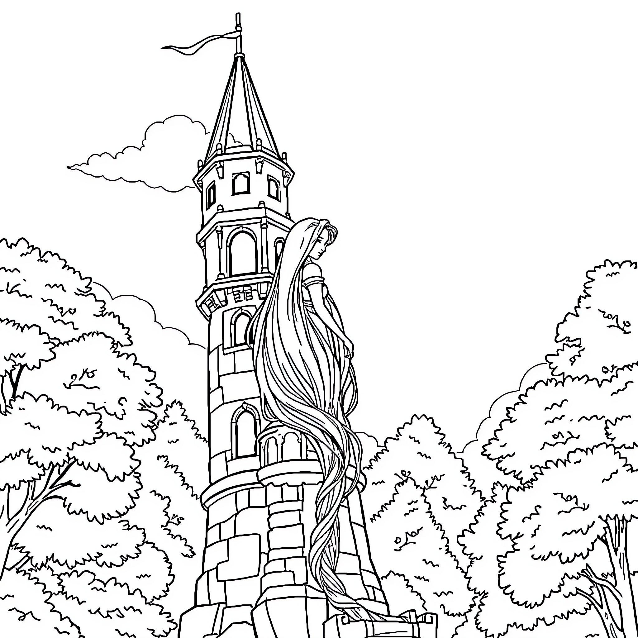 Rapunzel's grand tower in the enchanted forest Coloring Page (free black-and-white line drawing printable PDF for all, from beginners to advanced learners, including children, teens, adults, and seniors)