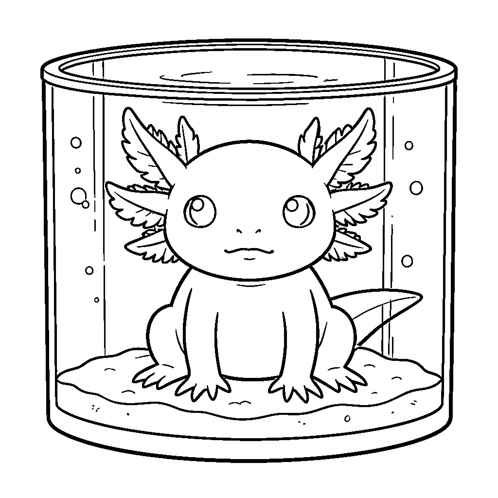 Axolotl sitting calmly inside a glass jar Coloring Page (free black-and-white line drawing printable PDF for all, from beginners to advanced learners, including children, teens, adults, and seniors)