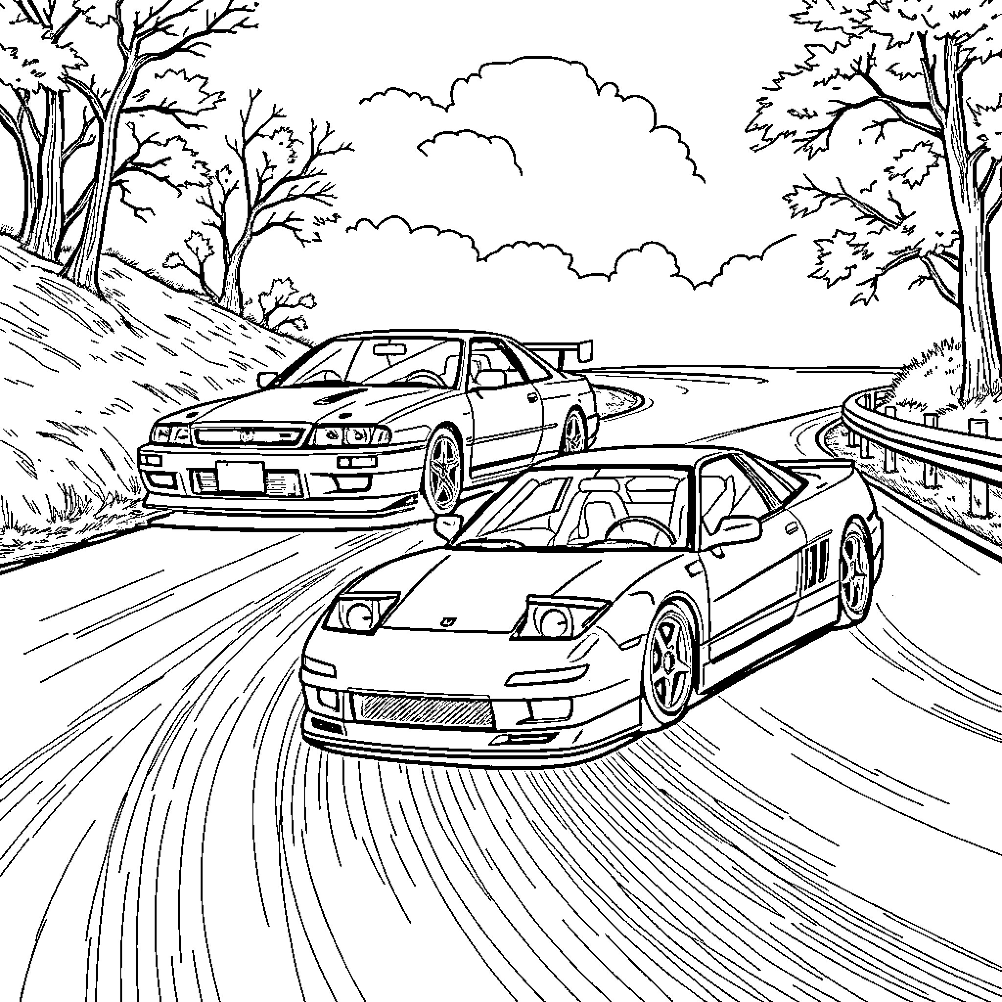Nissan Skyline racing on a winding mountain road Coloring Page (free black-and-white line drawing printable PDF for all, from beginners to advanced learners, including children, teens, adults, and seniors)