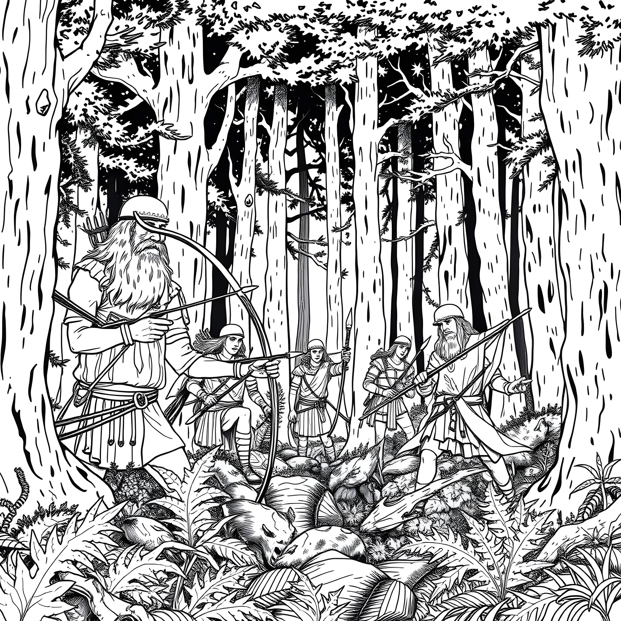 Warrior Archers Defending the Forest Coloring Page (free black-and-white line drawing printable PDF for all, from beginners to advanced learners, including children, teens, adults, and seniors)