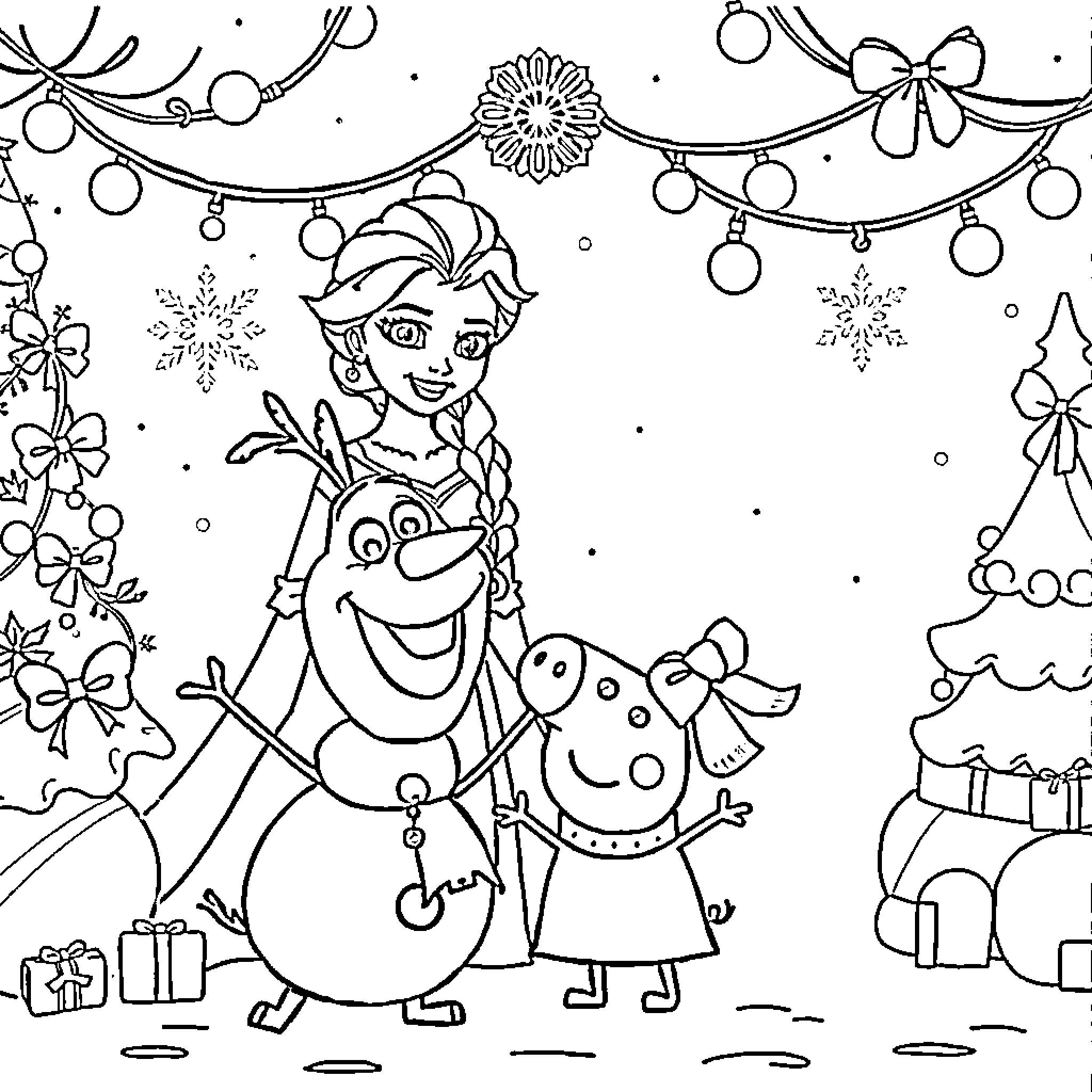 Elsa celebrating the winter holiday with Olaf Coloring Page (free black-and-white line drawing printable PDF for all, from beginners to advanced learners, including children, teens, adults, and seniors)
