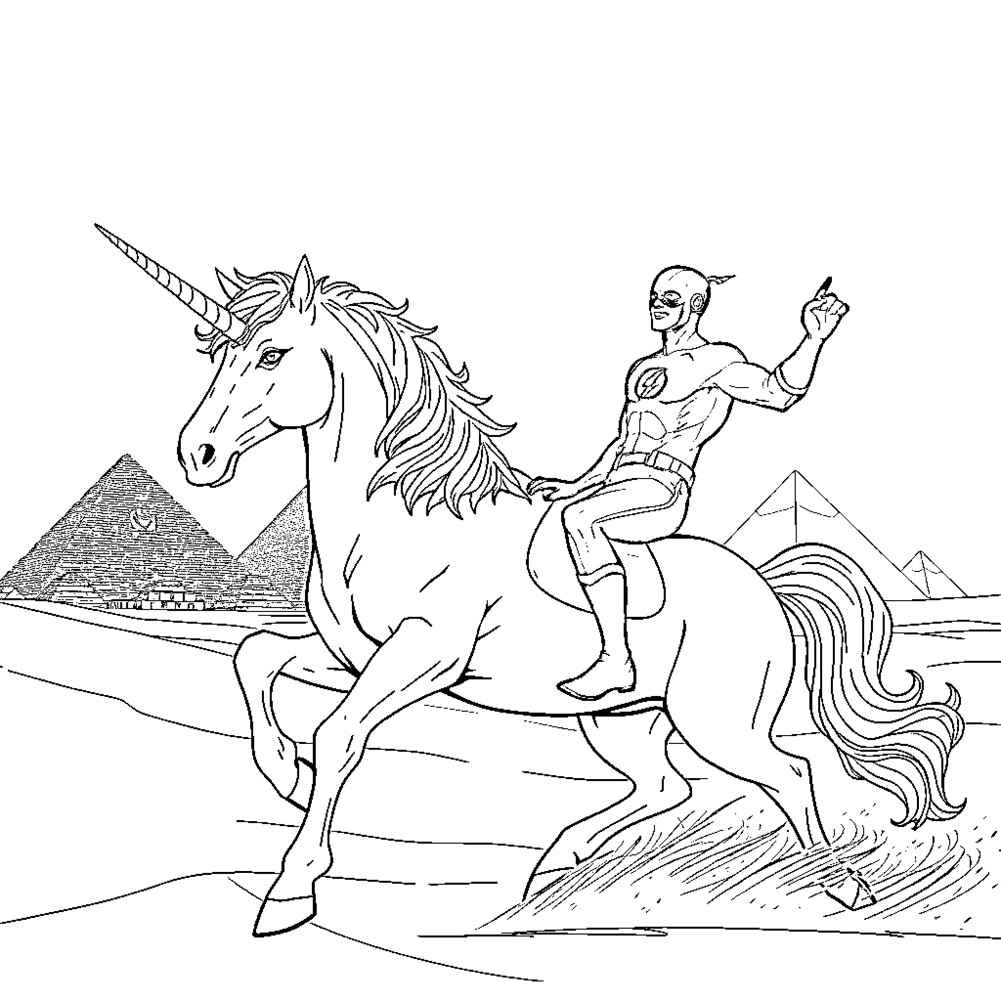 Flash's Fantastical Unicorn Adventure Coloring Page (free black-and-white line drawing printable PDF for all, from beginners to advanced learners, including children, teens, adults, and seniors)