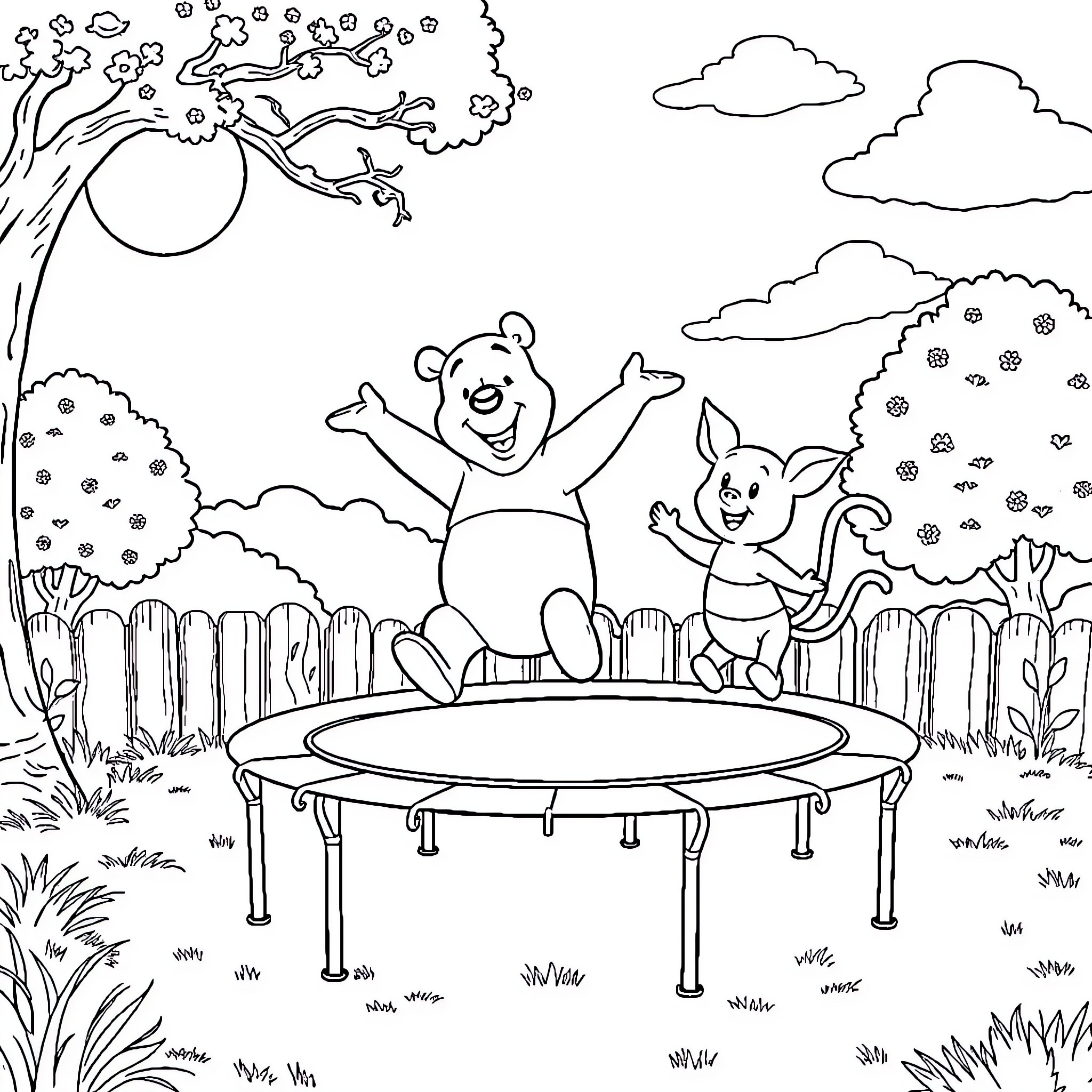 Pooh and Piglet playing joyfully on a trampoline Coloring Page (free black-and-white line drawing printable PDF for all, from beginners to advanced learners, including children, teens, adults, and seniors)