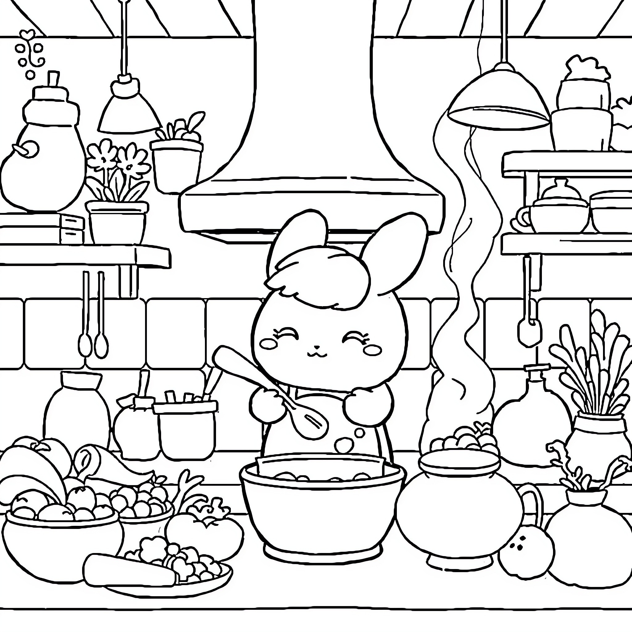Cinnamoroll cooking in a cozy kitchen Coloring Page (free black-and-white line drawing printable PDF for all, from beginners to advanced learners, including children, teens, adults, and seniors)