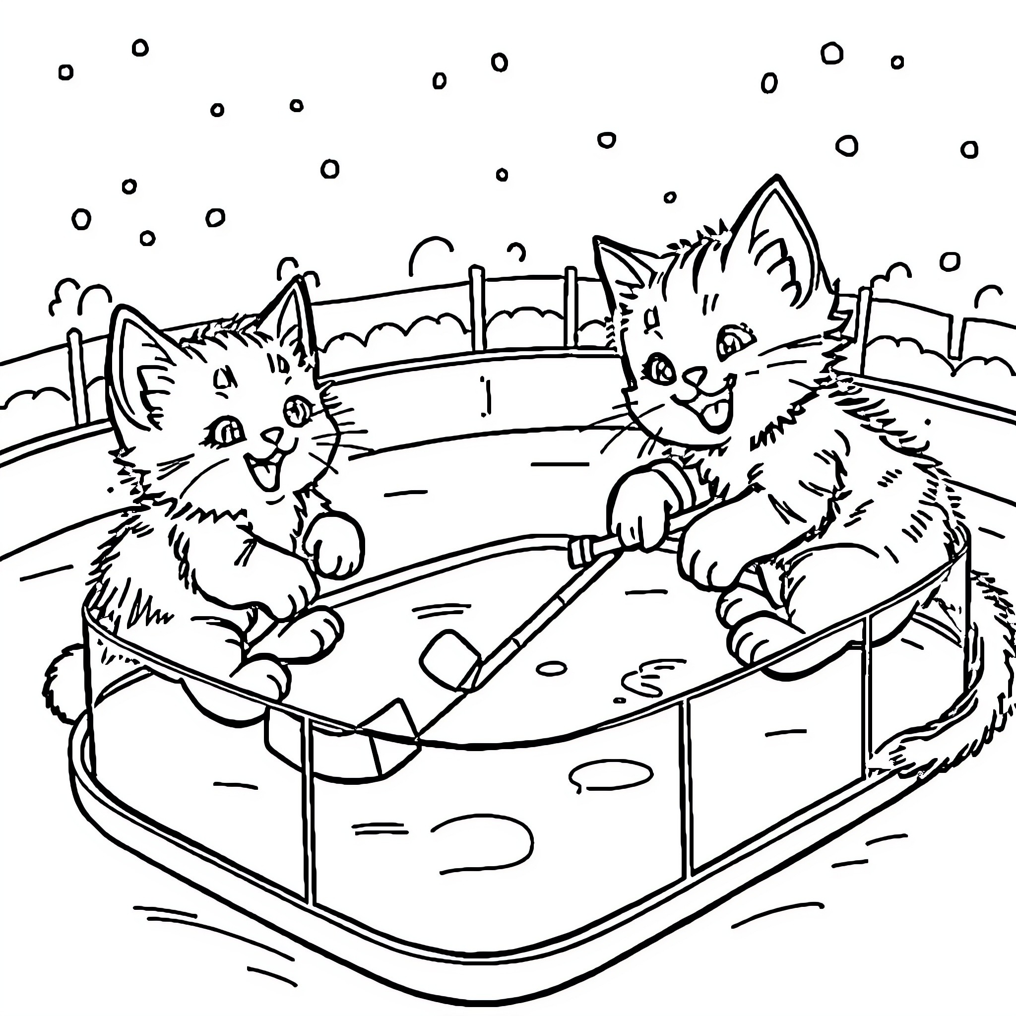 Cats playing in a sandbox Coloring Page (free black-and-white line drawing printable PDF for all, from beginners to advanced learners, including children, teens, adults, and seniors)
