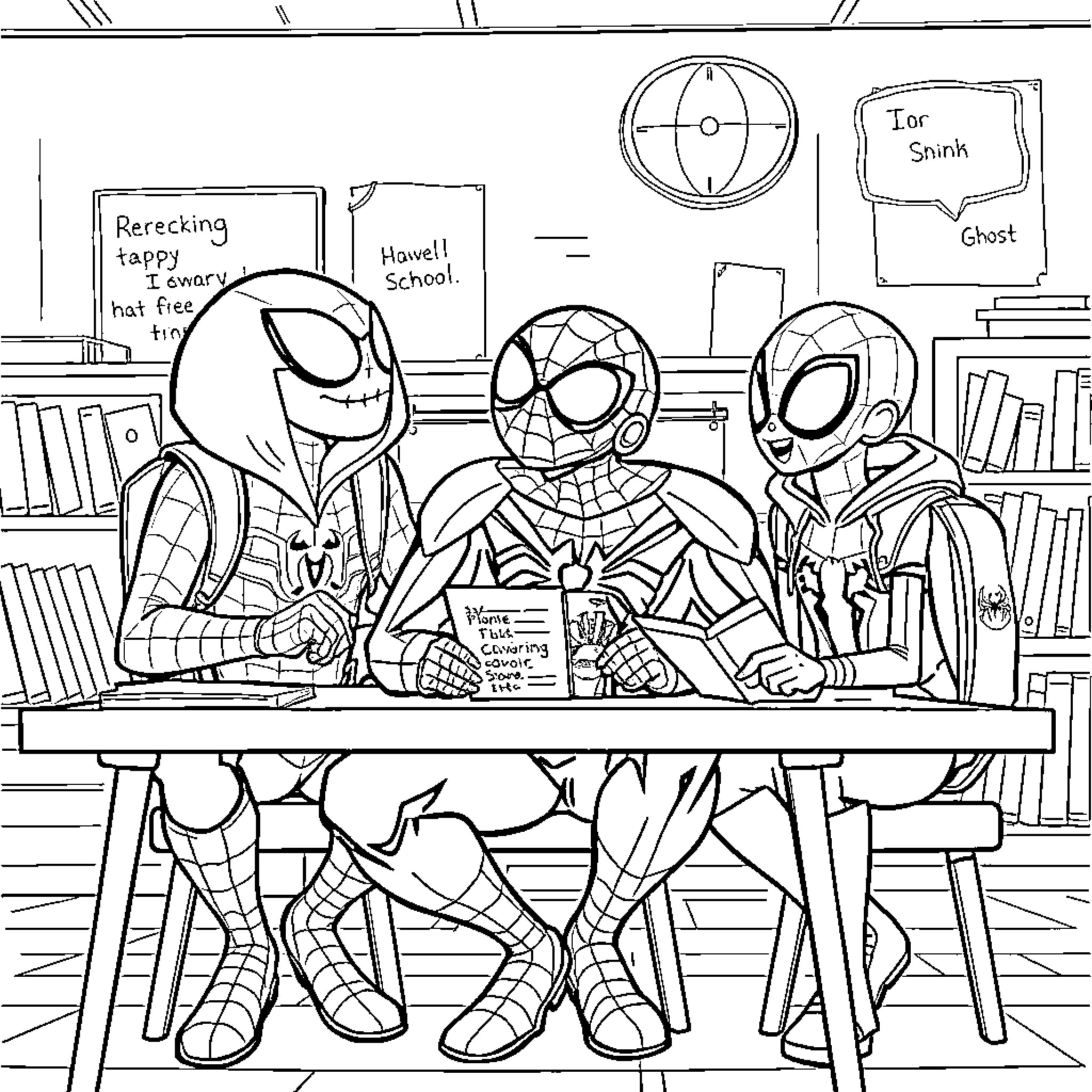 Spidey superheroes studying together in a cozy library Coloring Page (free black-and-white line drawing printable PDF for all, from beginners to advanced learners, including children, teens, adults, and seniors)