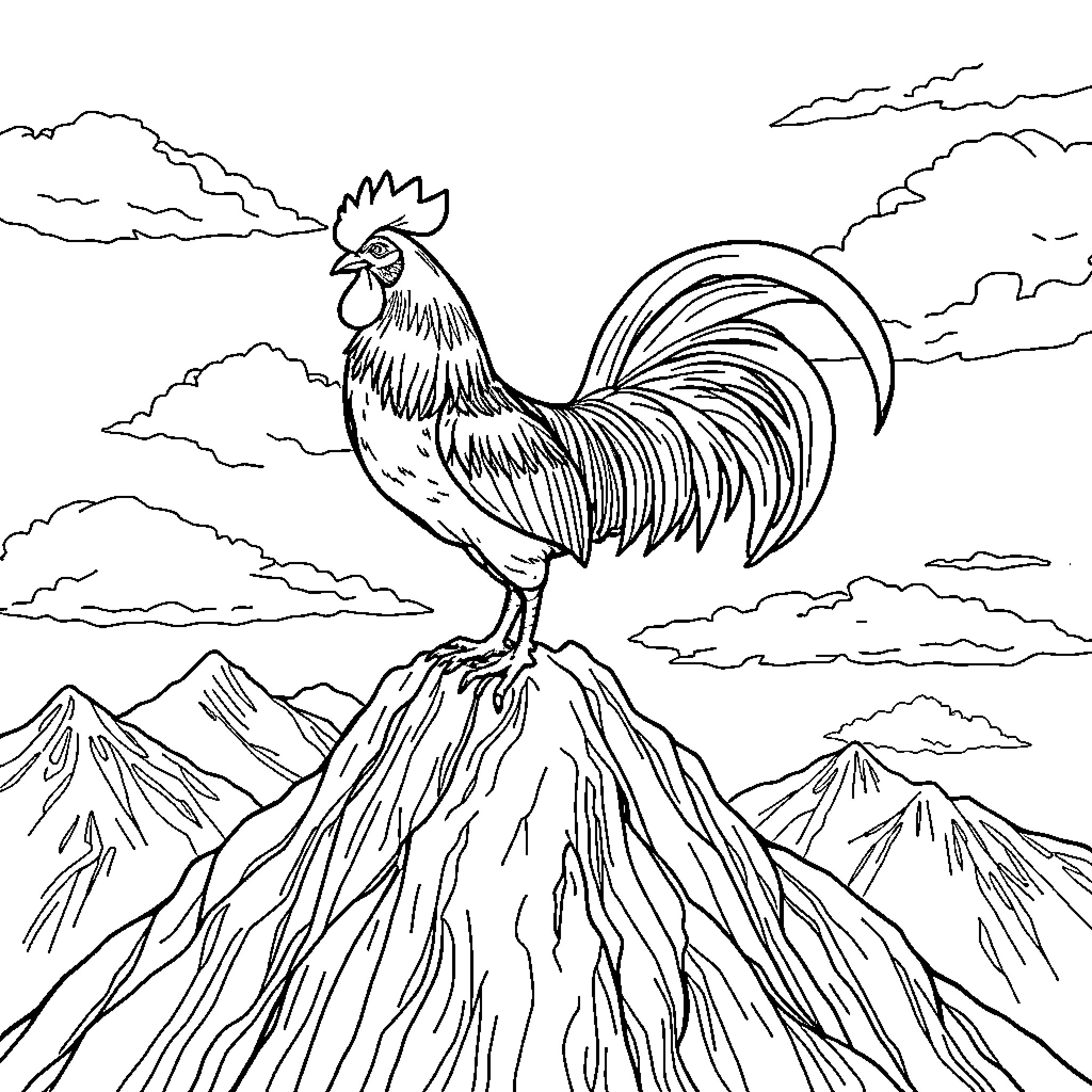 Rooster on a Mountaintop Overlooking Clouds Coloring Page (free black-and-white line drawing printable PDF for all, from beginners to advanced learners, including children, teens, adults, and seniors)