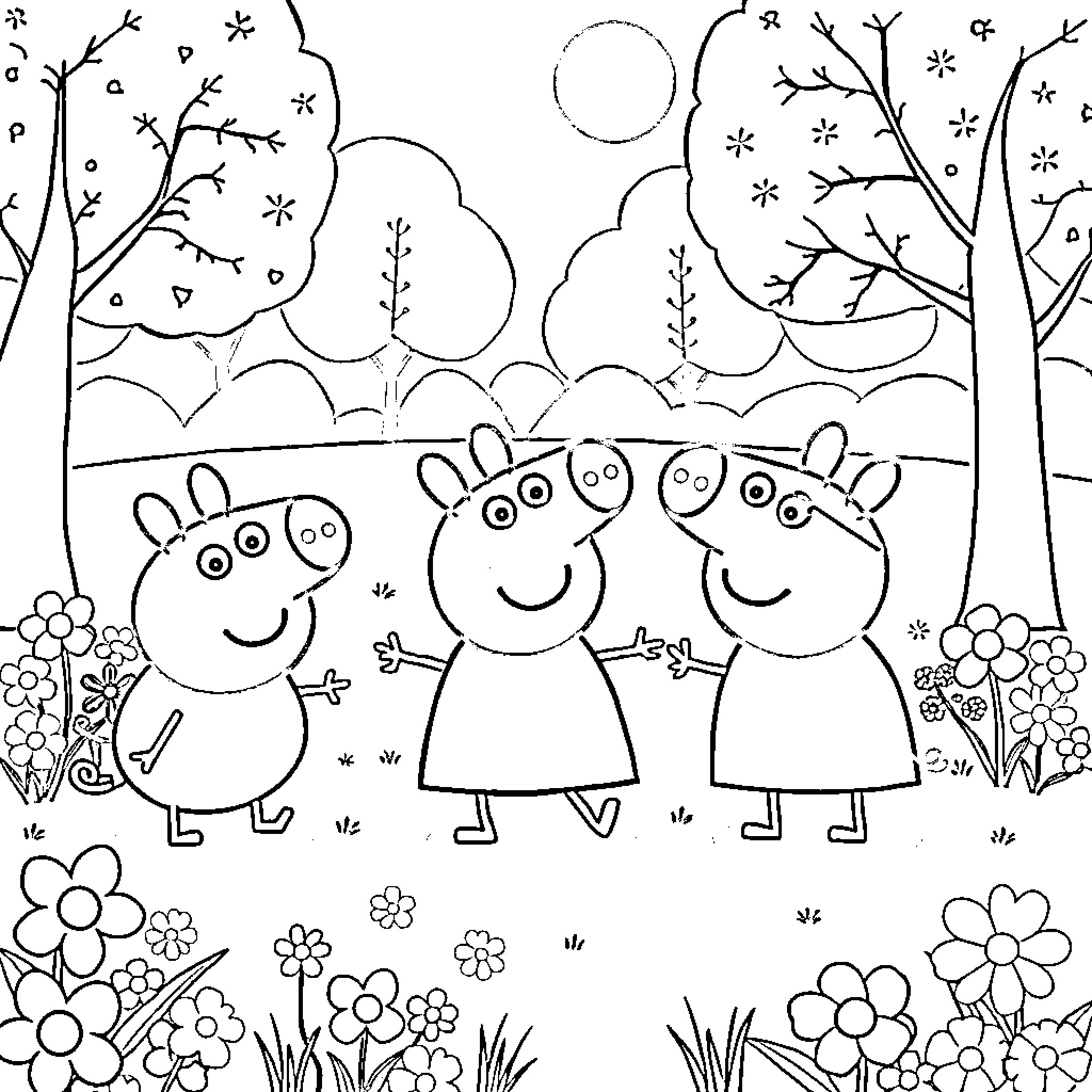 Peppa Pig and Friends Explore the Floral Landscape Coloring Page (free black-and-white line drawing printable PDF for all, from beginners to advanced learners, including children, teens, adults, and seniors)