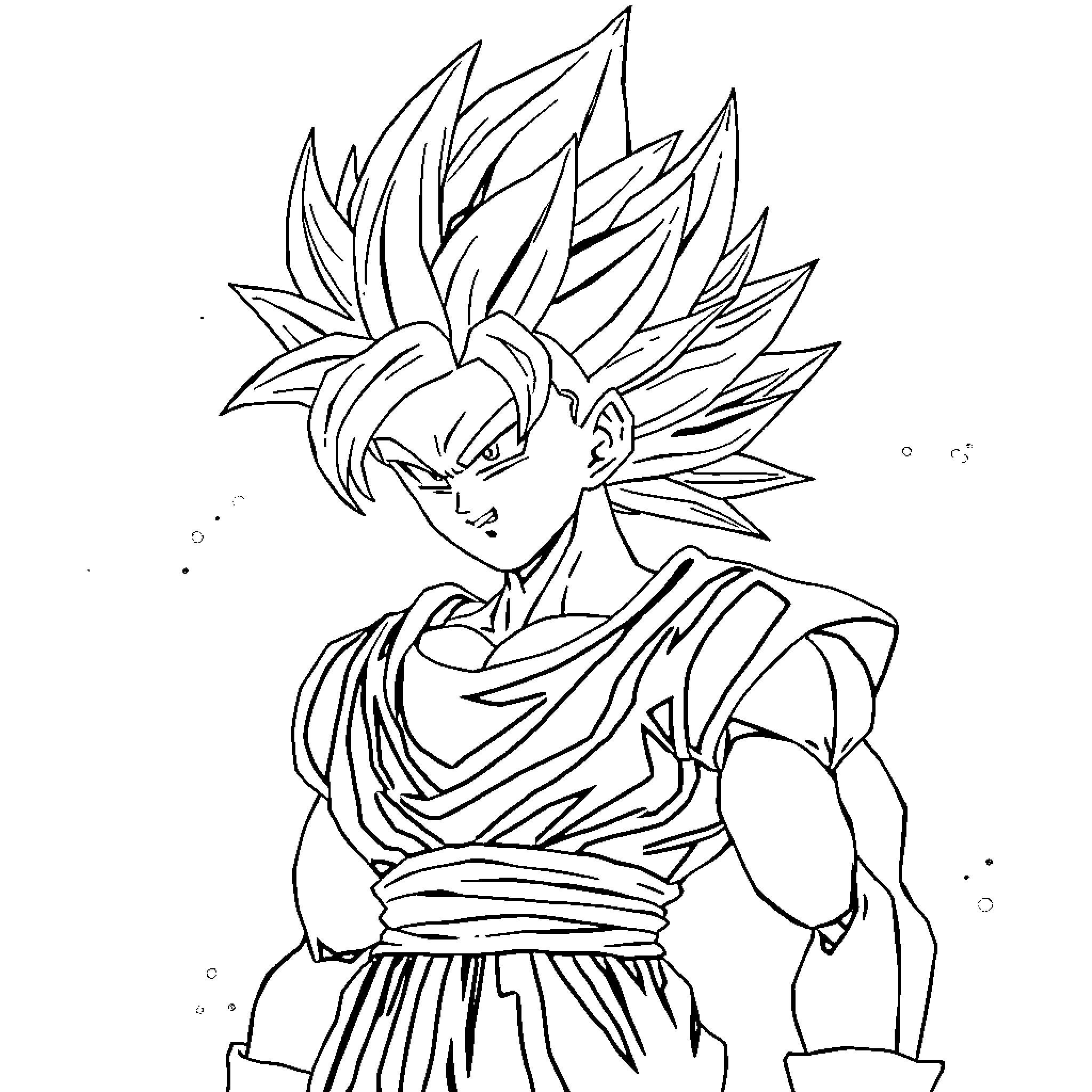 Songoku's fierce warrior transformation Coloring Page (free black-and-white line drawing printable PDF for all, from beginners to advanced learners, including children, teens, adults, and seniors)
