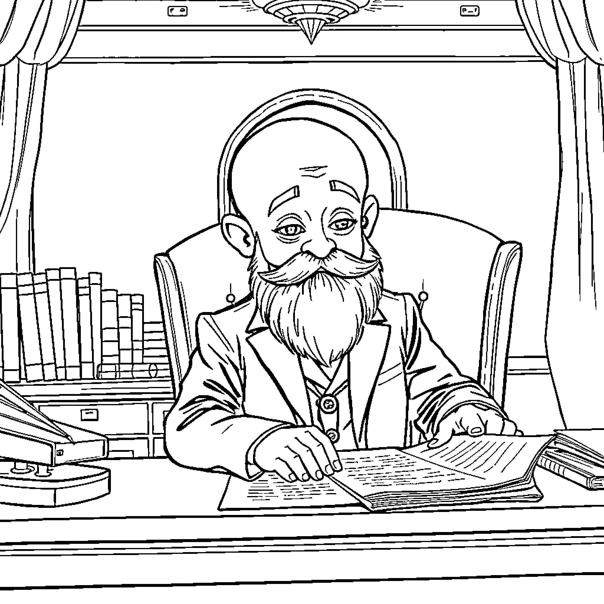 Senator Focused on Work at Desk Coloring Page (free black-and-white line drawing printable PDF for all, from beginners to advanced learners, including children, teens, adults, and seniors)