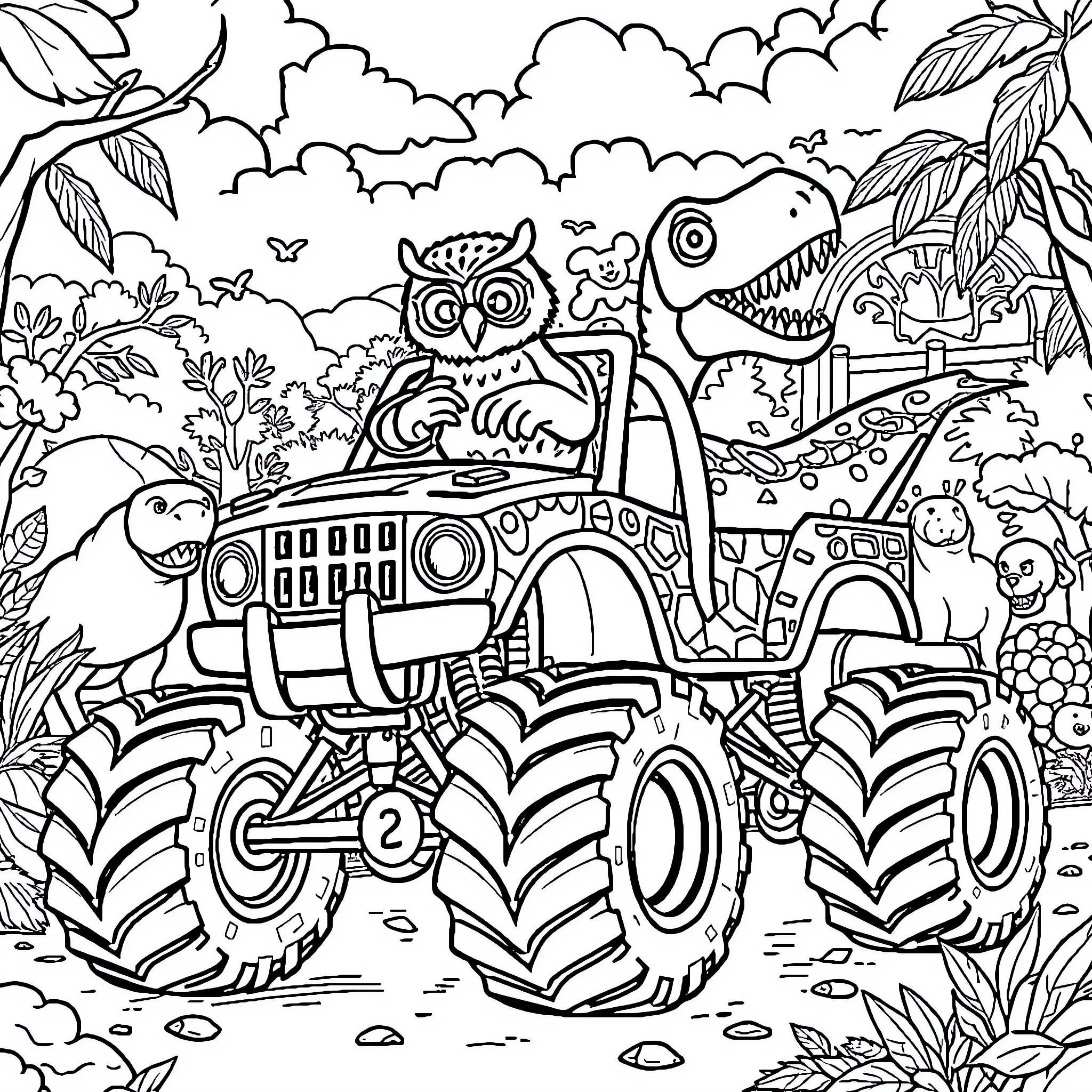 Owl driving a monster truck through the jungle Coloring Page (free black-and-white line drawing printable PDF for all, from beginners to advanced learners, including children, teens, adults, and seniors)
