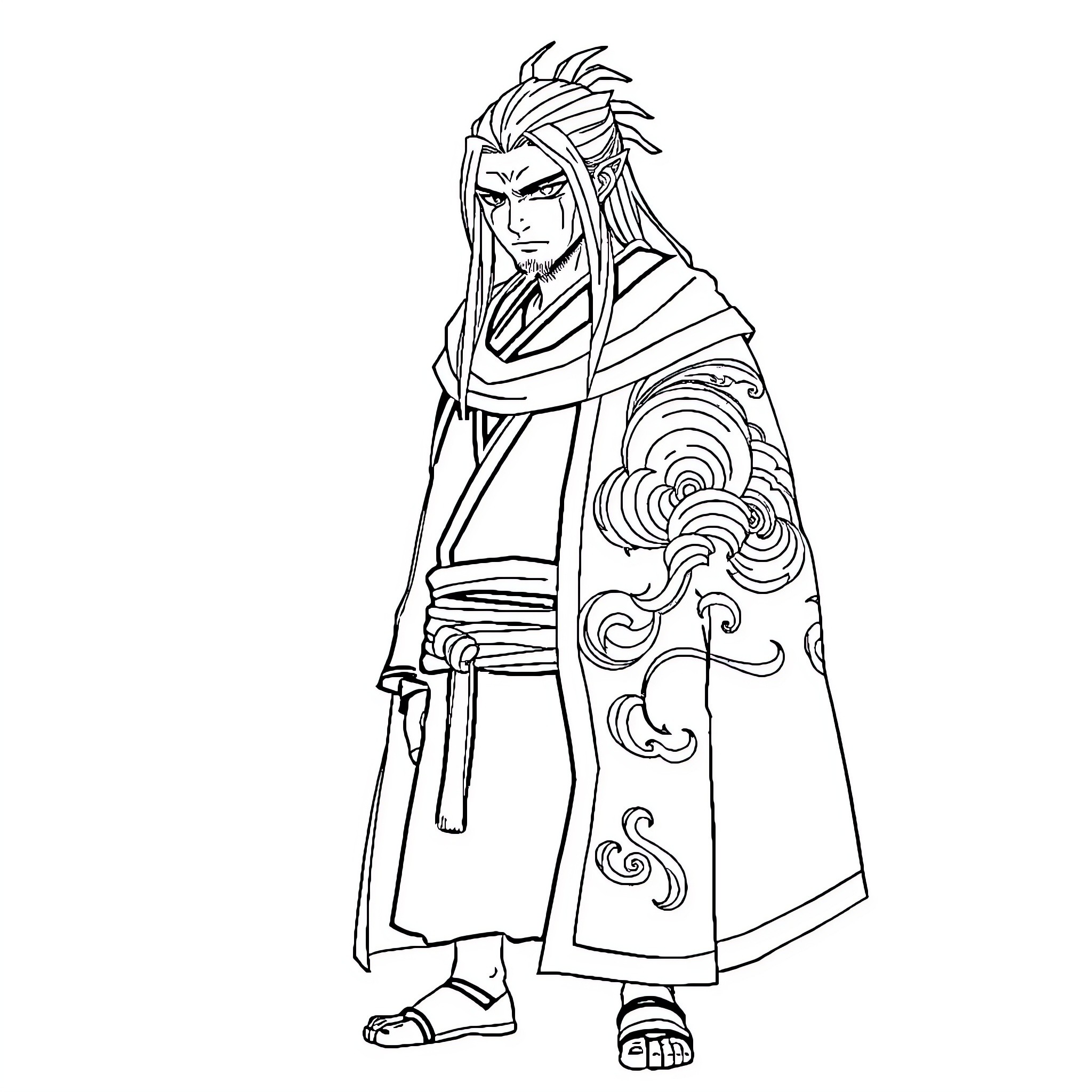 Itachi in ceremonial robes with intricate patterns Coloring Page (free black-and-white line drawing printable PDF for all, from beginners to advanced learners, including children, teens, adults, and seniors)