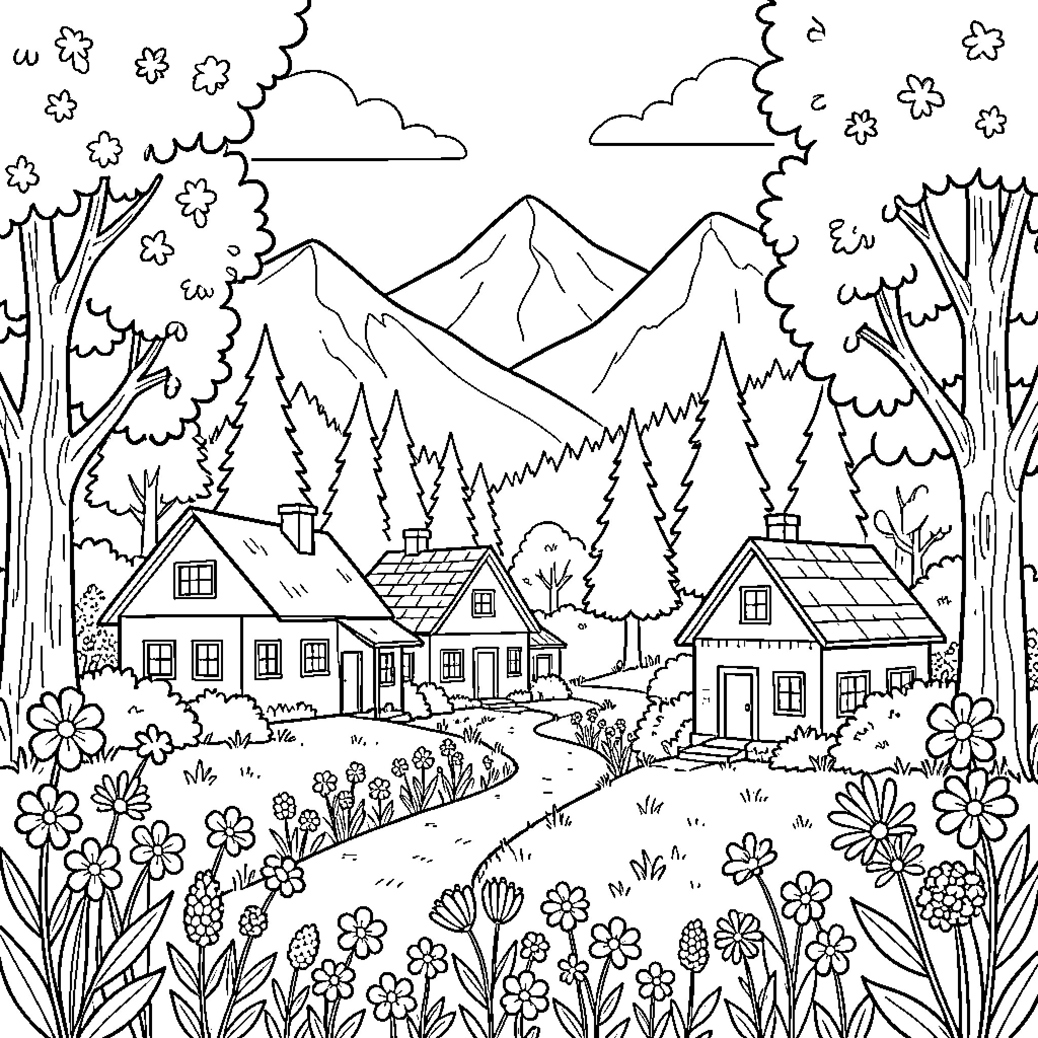 Village Scene with Mountain Landscape and Floral Surroundings Coloring Page (free black-and-white line drawing printable PDF for all, from beginners to advanced learners, including children, teens, adults, and seniors)