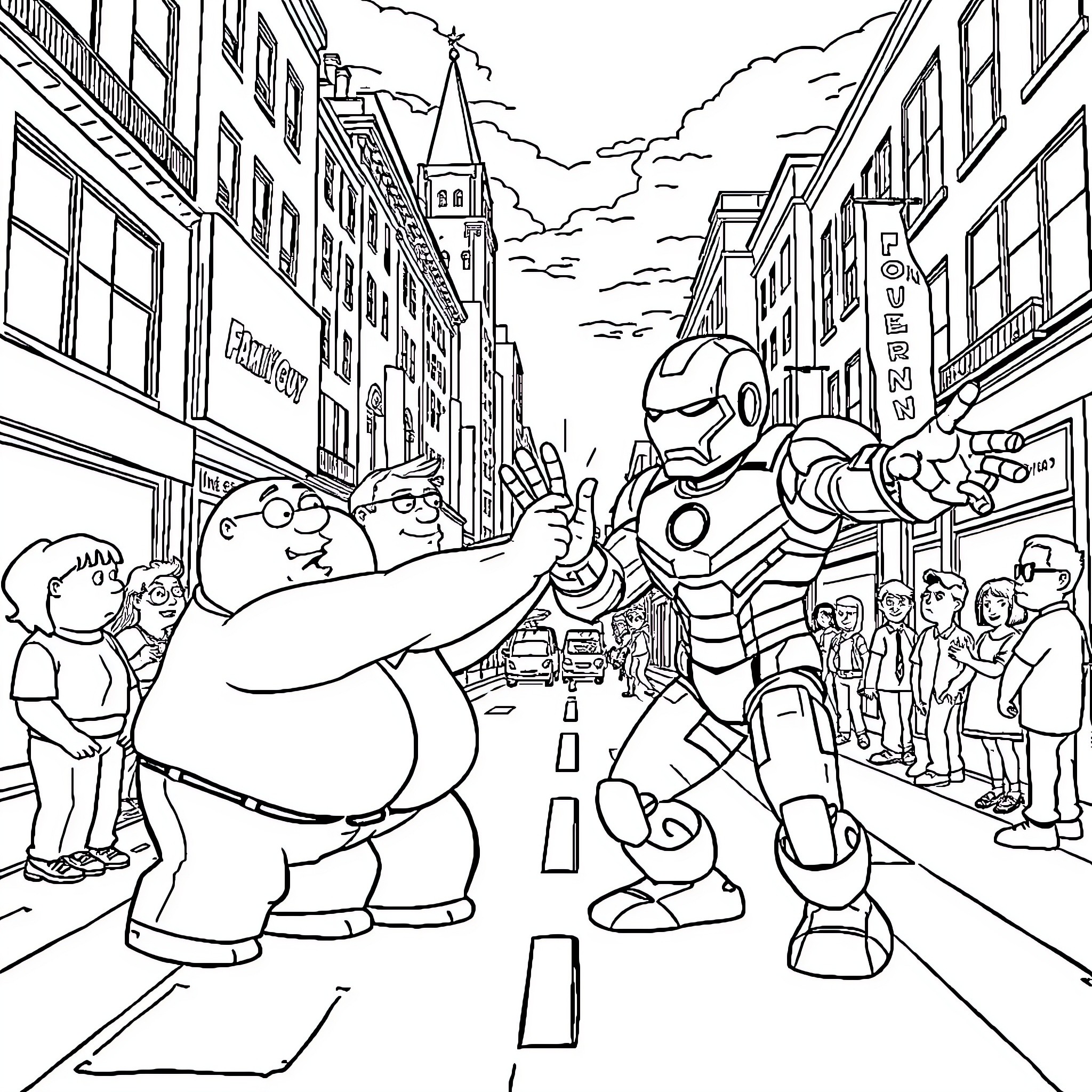 Family Guy Characters Explore Vibrant City Scene Coloring Page (free black-and-white line drawing printable PDF for all, from beginners to advanced learners, including children, teens, adults, and seniors)