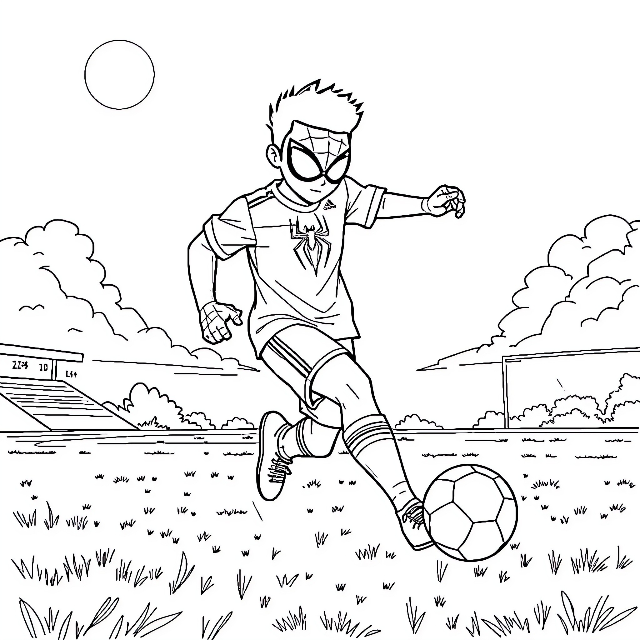 Miles Morales playing football in a scenic setting Coloring Page (free black-and-white line drawing printable PDF for all, from beginners to advanced learners, including children, teens, adults, and seniors)