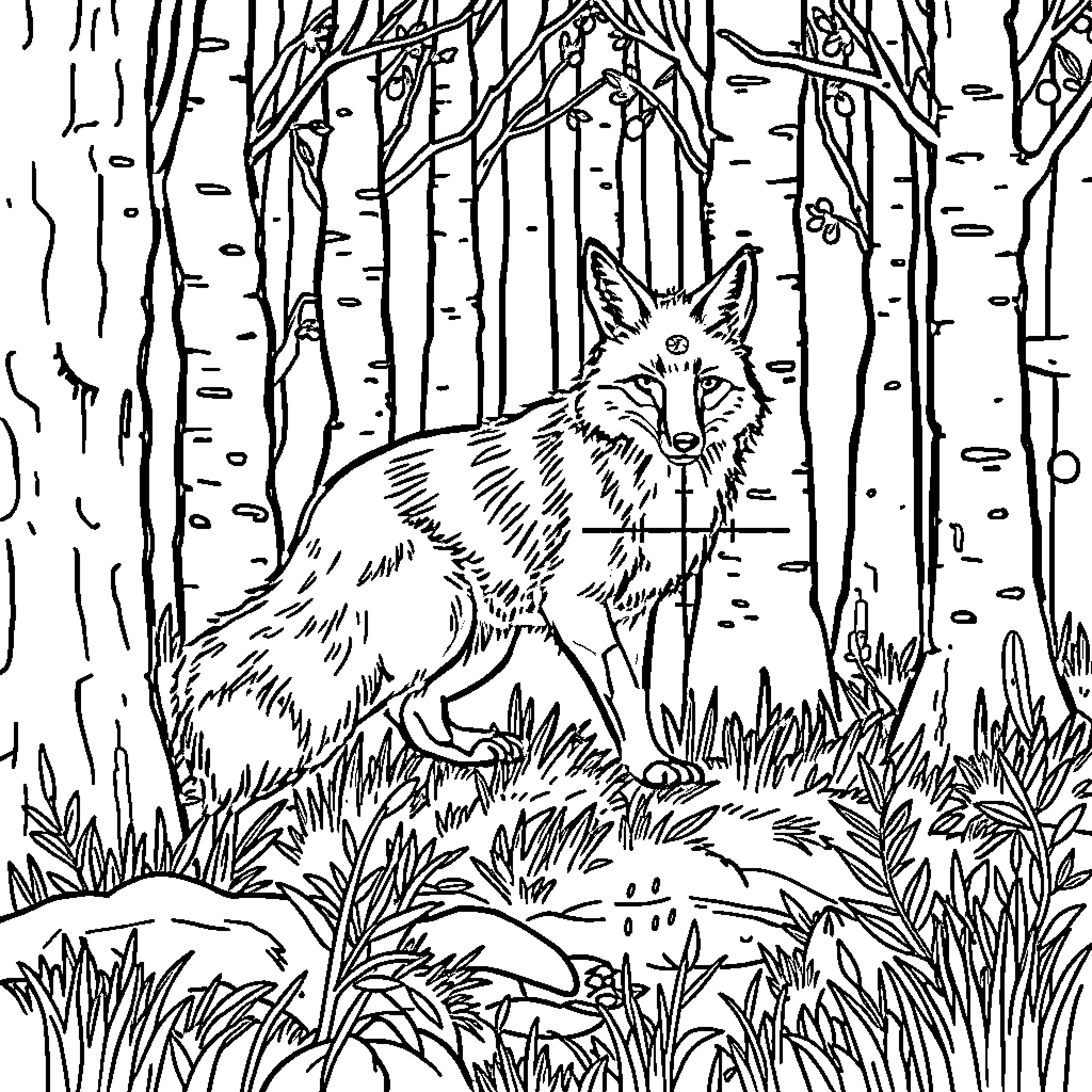 Fox exploring the enchanting forest Coloring Page (free black-and-white line drawing printable PDF for all, from beginners to advanced learners, including children, teens, adults, and seniors)