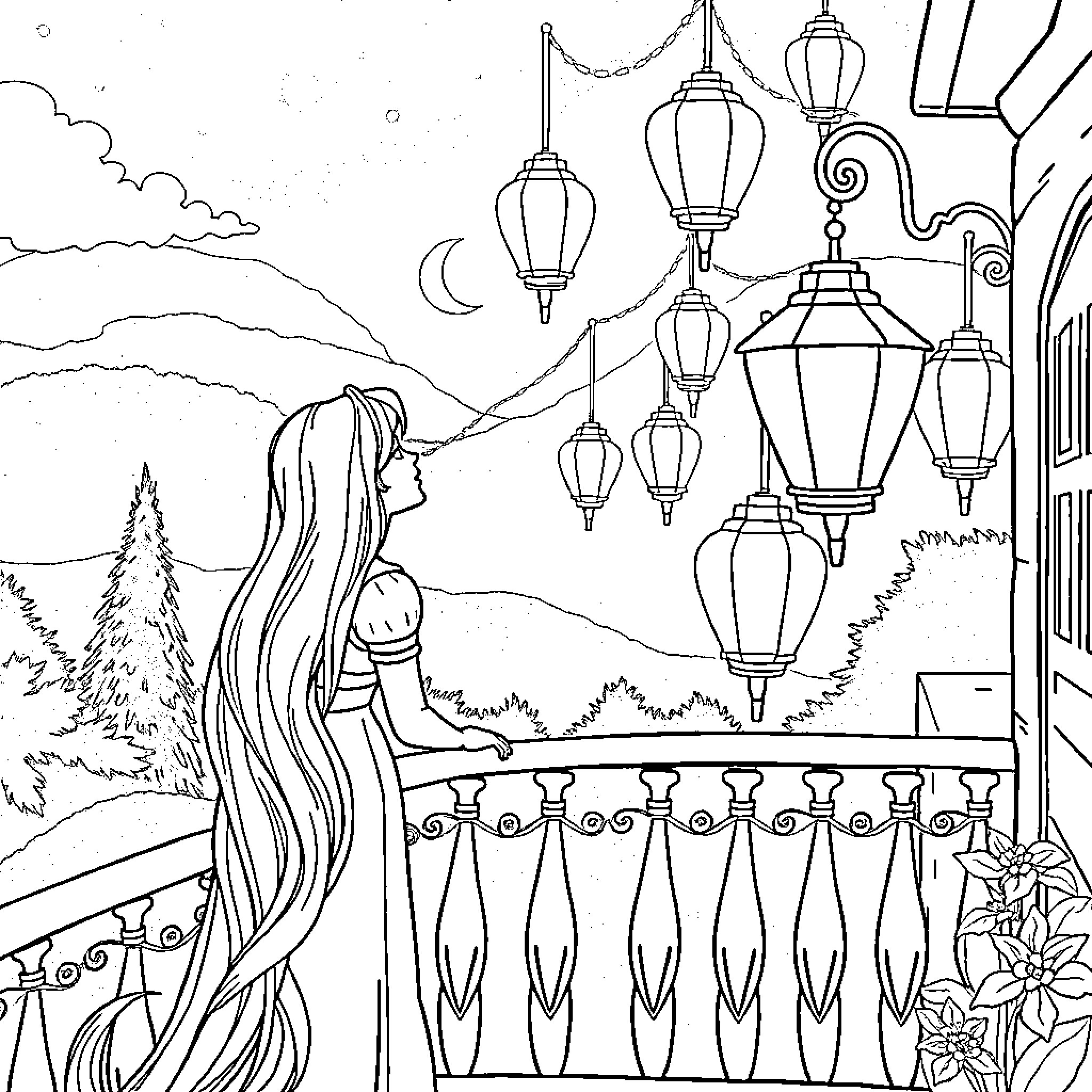 Rapunzel admiring the lanterns on a starry night Coloring Page (free black-and-white line drawing printable PDF for all, from beginners to advanced learners, including children, teens, adults, and seniors)