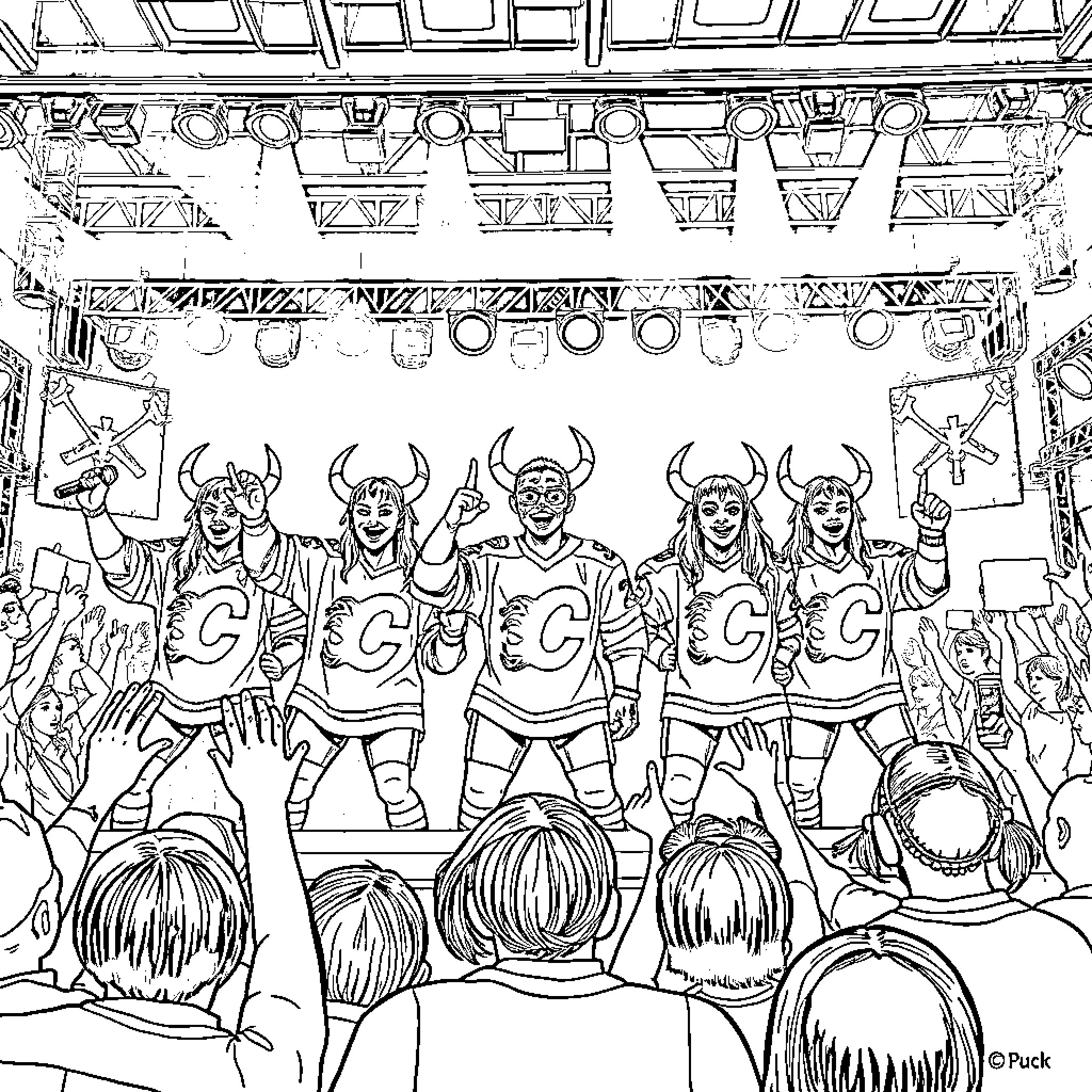 Kpop Demon Hunters Performing on Stage Coloring Page (free black-and-white line drawing printable PDF for all, from beginners to advanced learners, including children, teens, adults, and seniors)