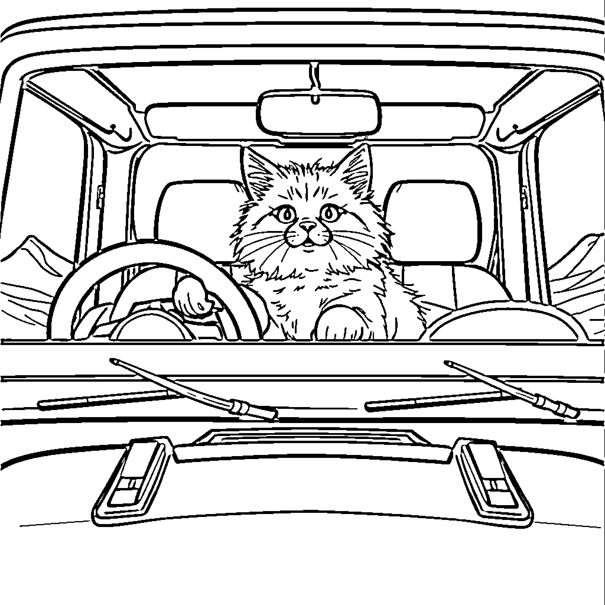 Cat riding in the car Coloring Page (free black-and-white line drawing printable PDF for all, from beginners to advanced learners, including children, teens, adults, and seniors)
