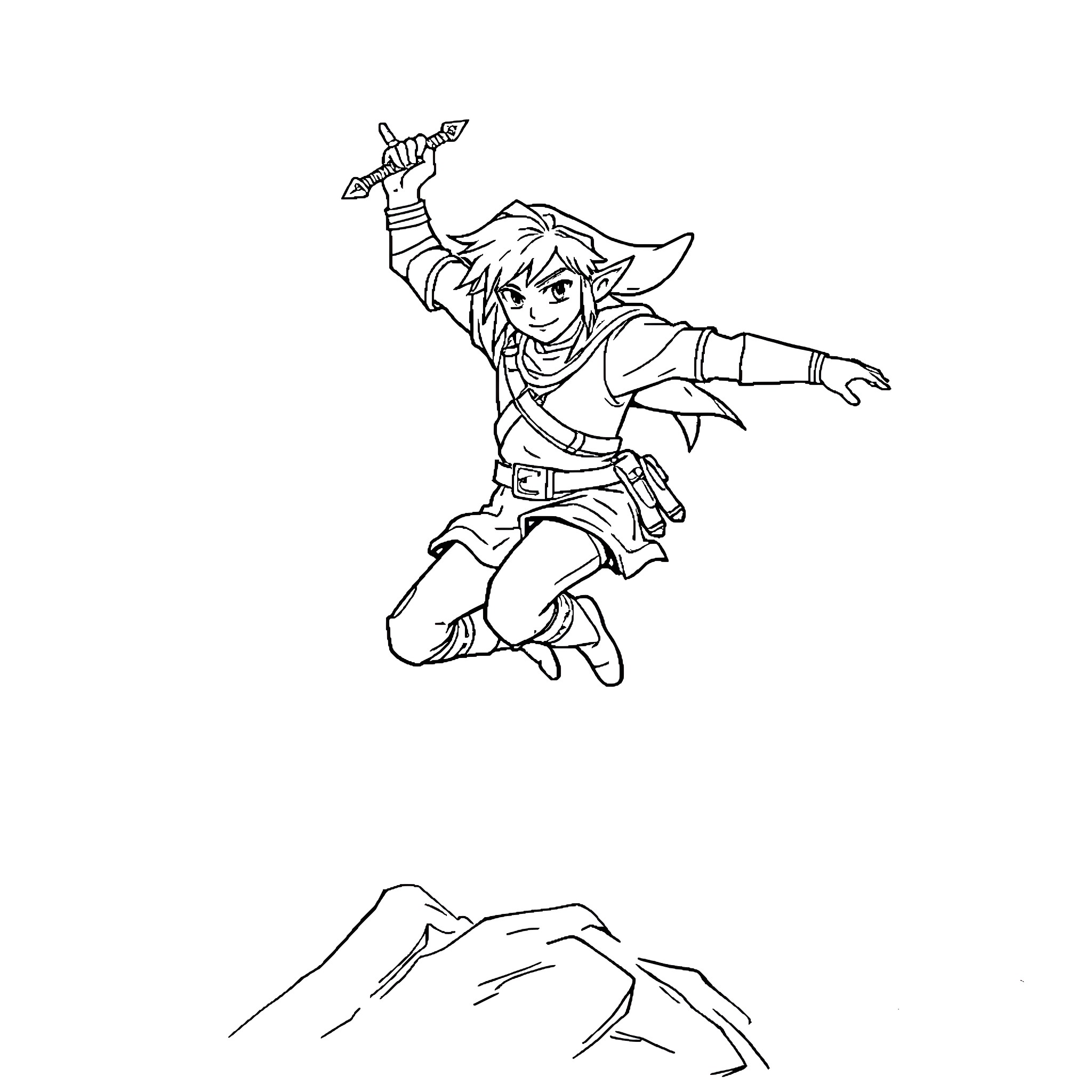 Link leaping into adventure Coloring Page (free black-and-white line drawing printable PDF for all, from beginners to advanced learners, including children, teens, adults, and seniors)