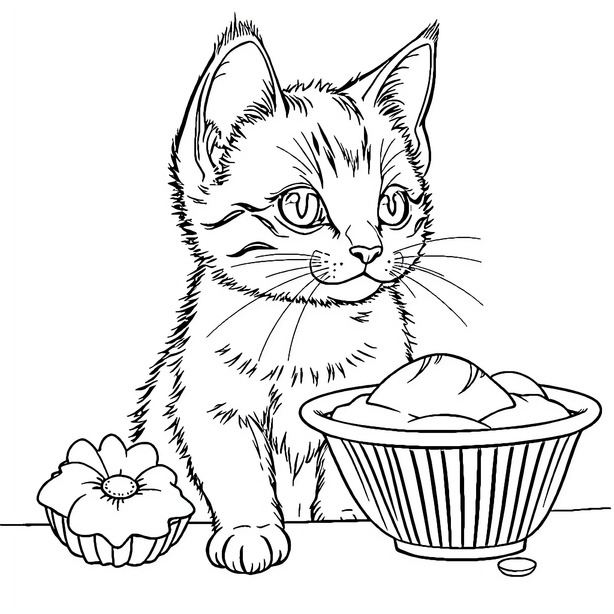 Cat near baked goods and flower Coloring Page (free black-and-white line drawing printable PDF for all, from beginners to advanced learners, including children, teens, adults, and seniors)