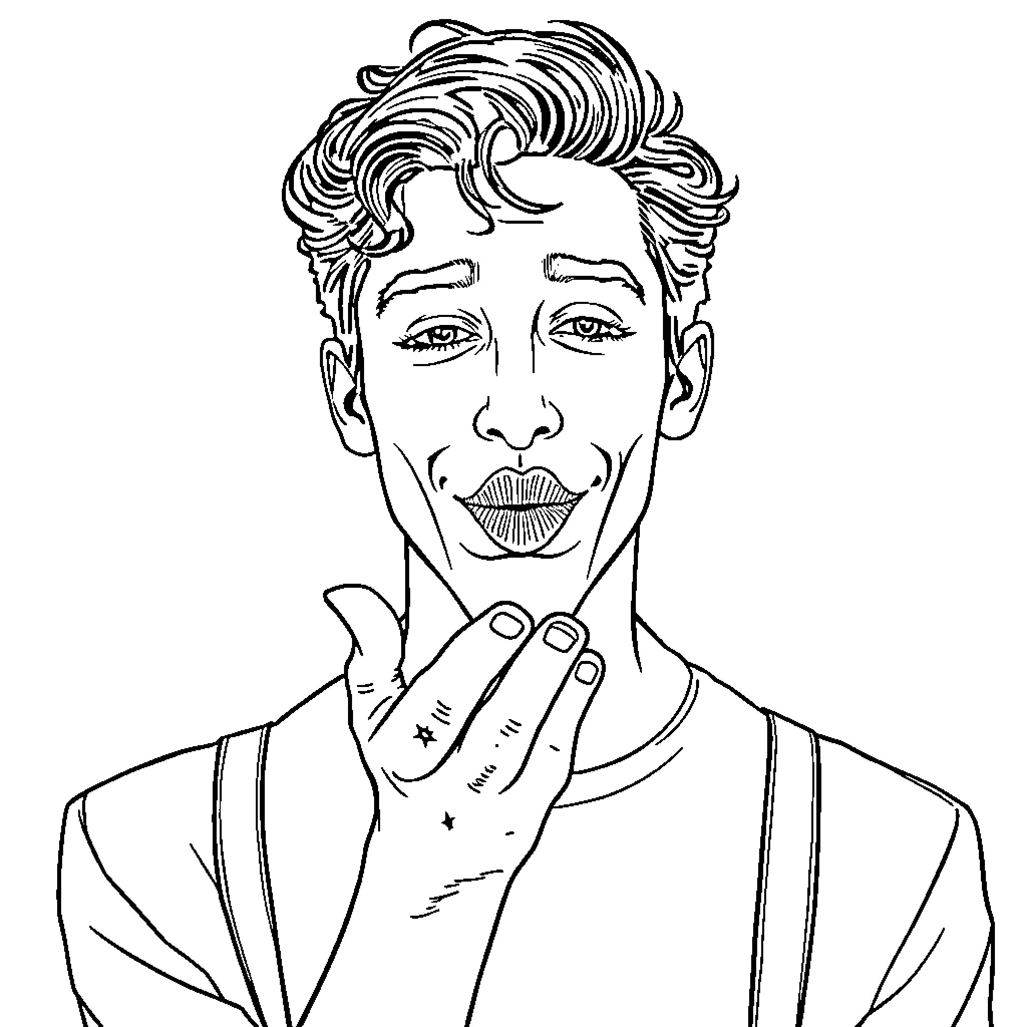 Timothée Chalamet in a pensive expression Coloring Page (free black-and-white line drawing printable PDF for all, from beginners to advanced learners, including children, teens, adults, and seniors)