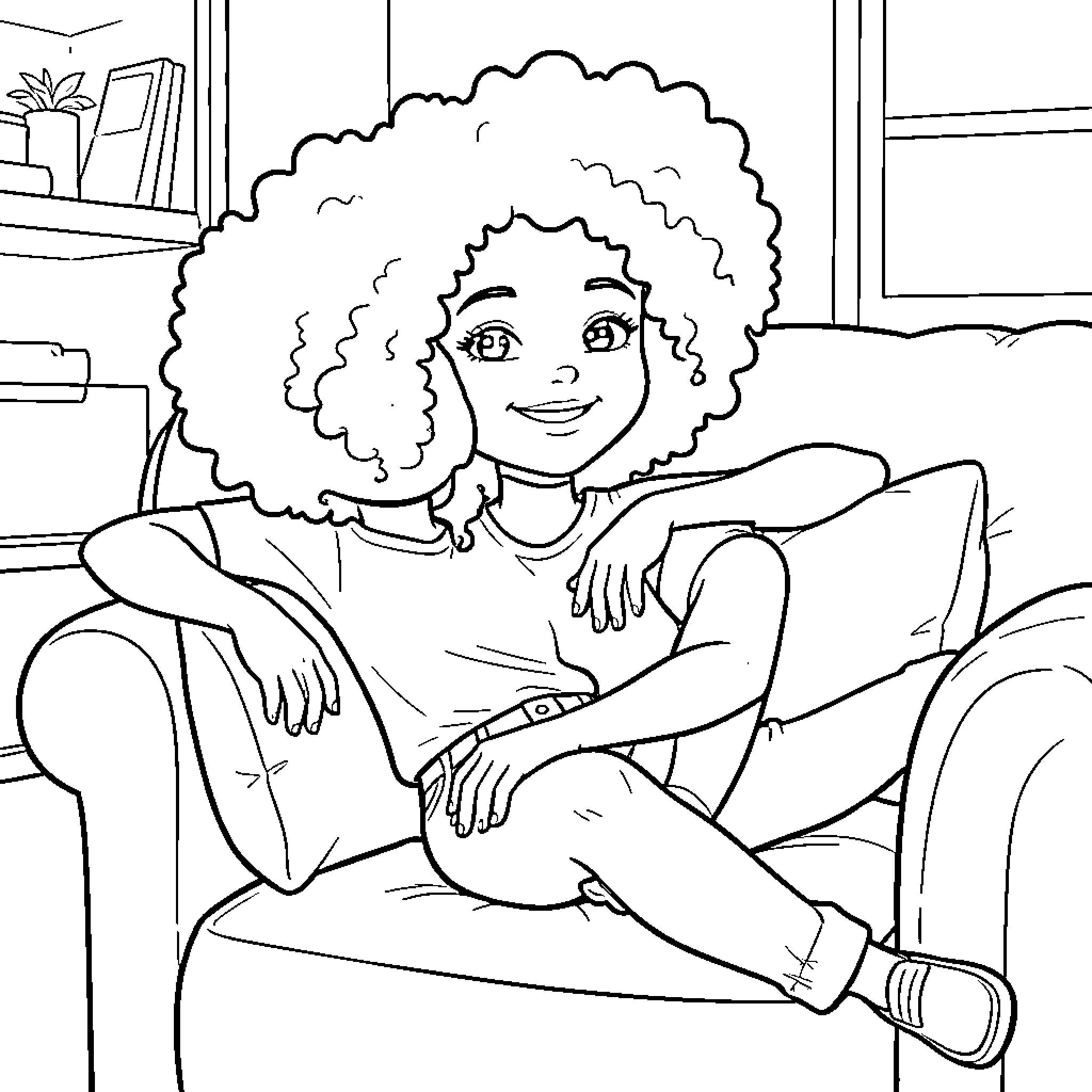 Girl relaxing comfortably in her cozy home Coloring Page (free black-and-white line drawing printable PDF for all, from beginners to advanced learners, including children, teens, adults, and seniors)