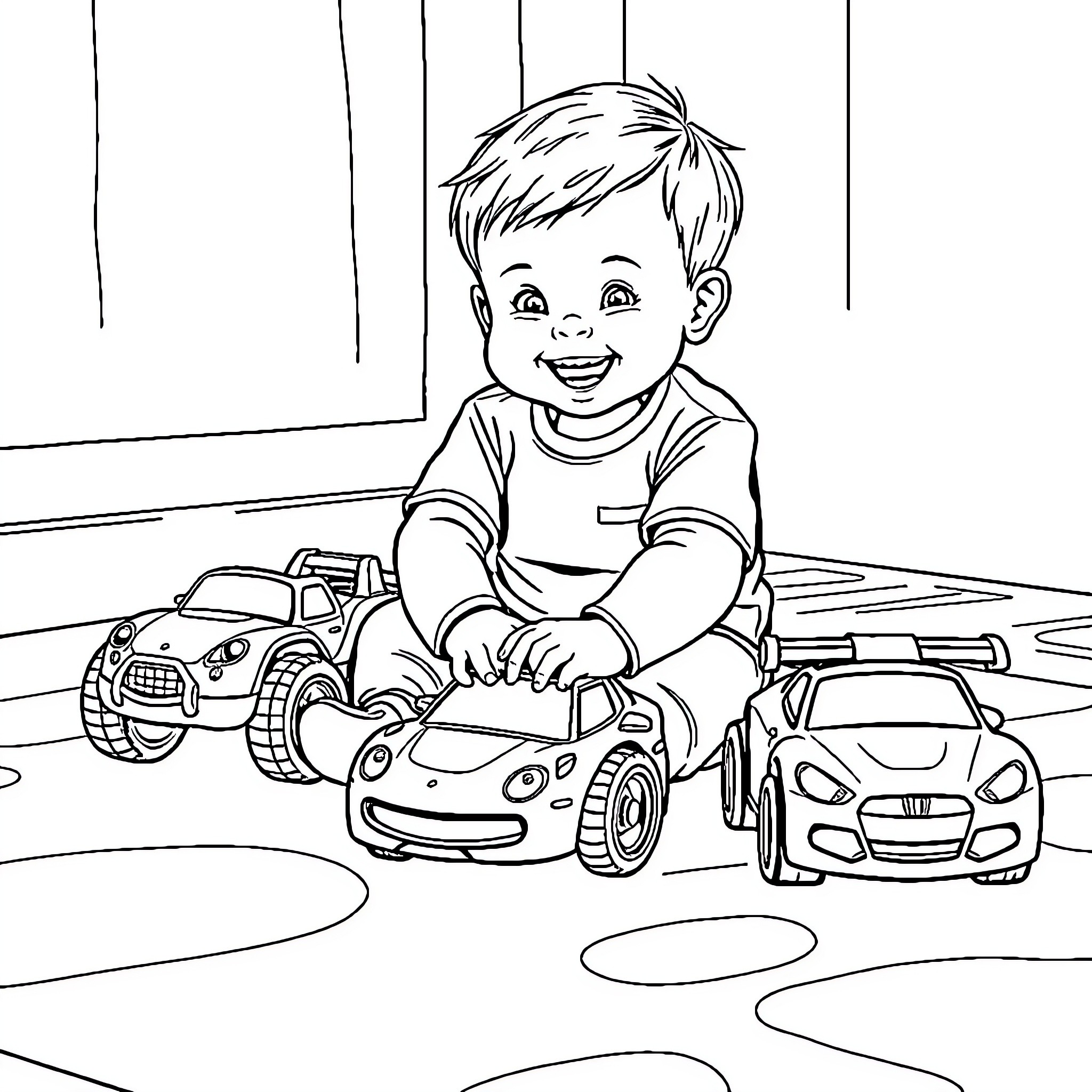 Toddler playing happily with toy cars Coloring Page (free black-and-white line drawing printable PDF for all, from beginners to advanced learners, including children, teens, adults, and seniors)